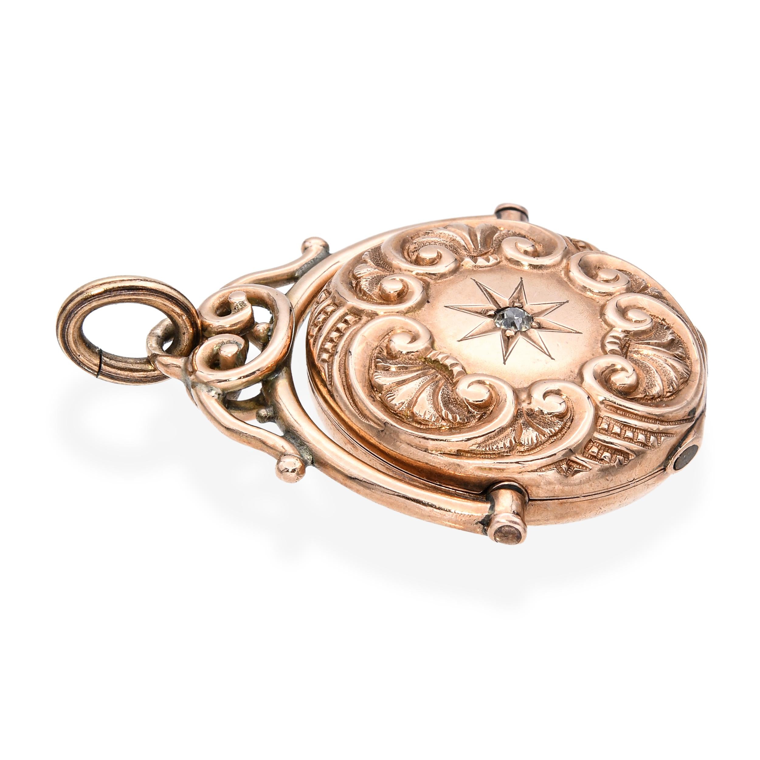 Antique 10k Rose Gold Diamond Locket Engraved Pendant