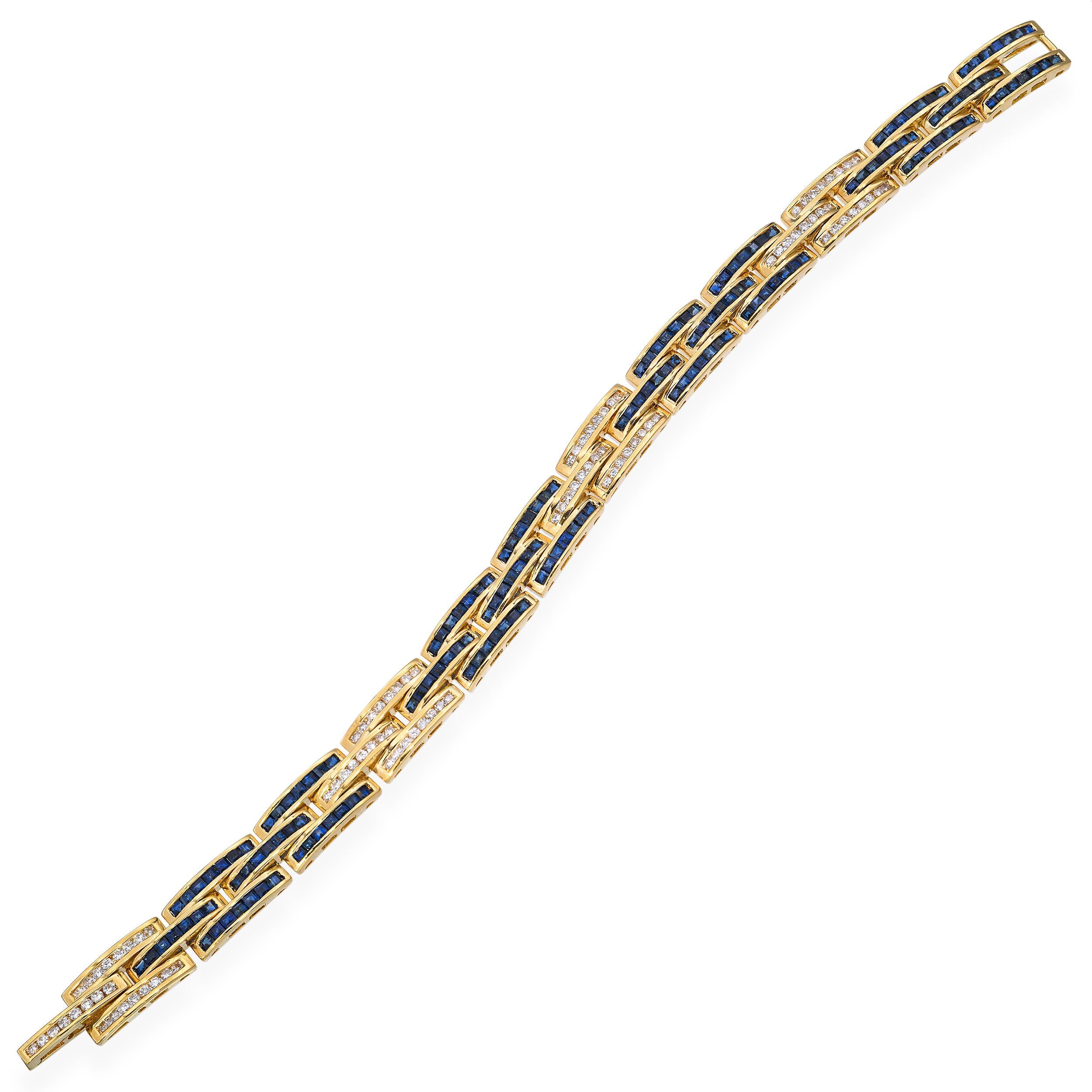 Vintage 18k Yellow Gold Diamond and Sapphire Channel Set Link Bracelet