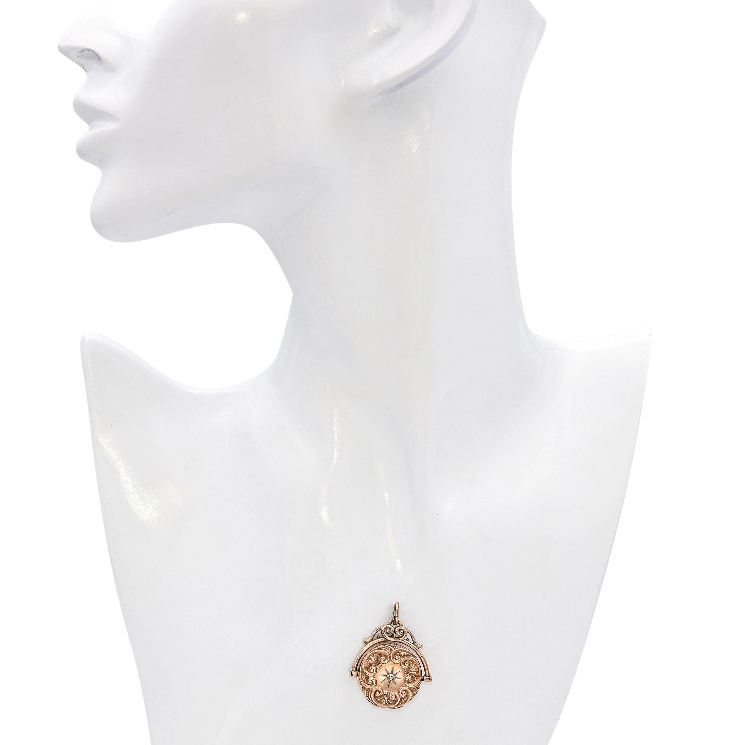 Antique 10k Rose Gold Diamond Locket Engraved Pendant