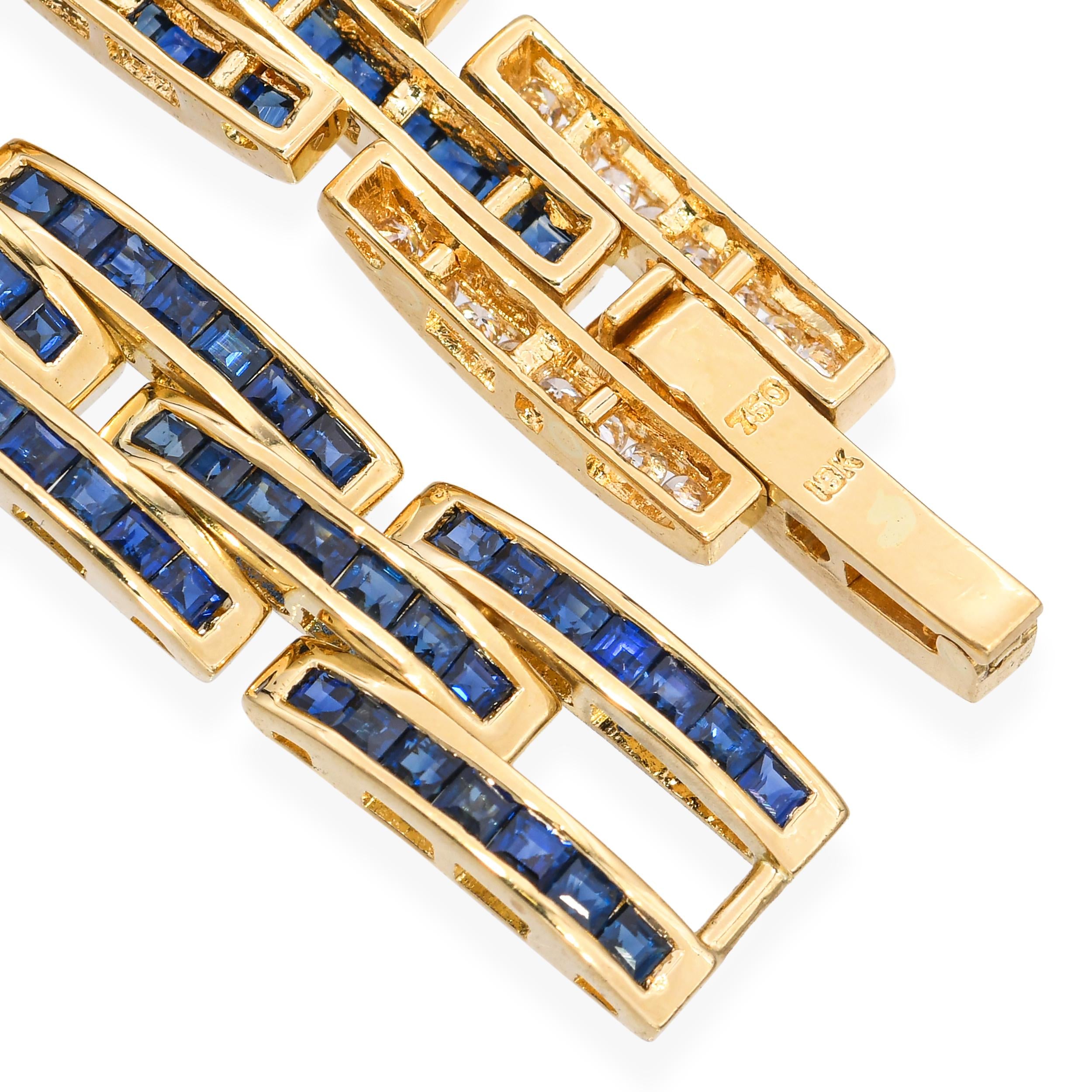 Vintage 18k Yellow Gold Diamond and Sapphire Channel Set Link Bracelet