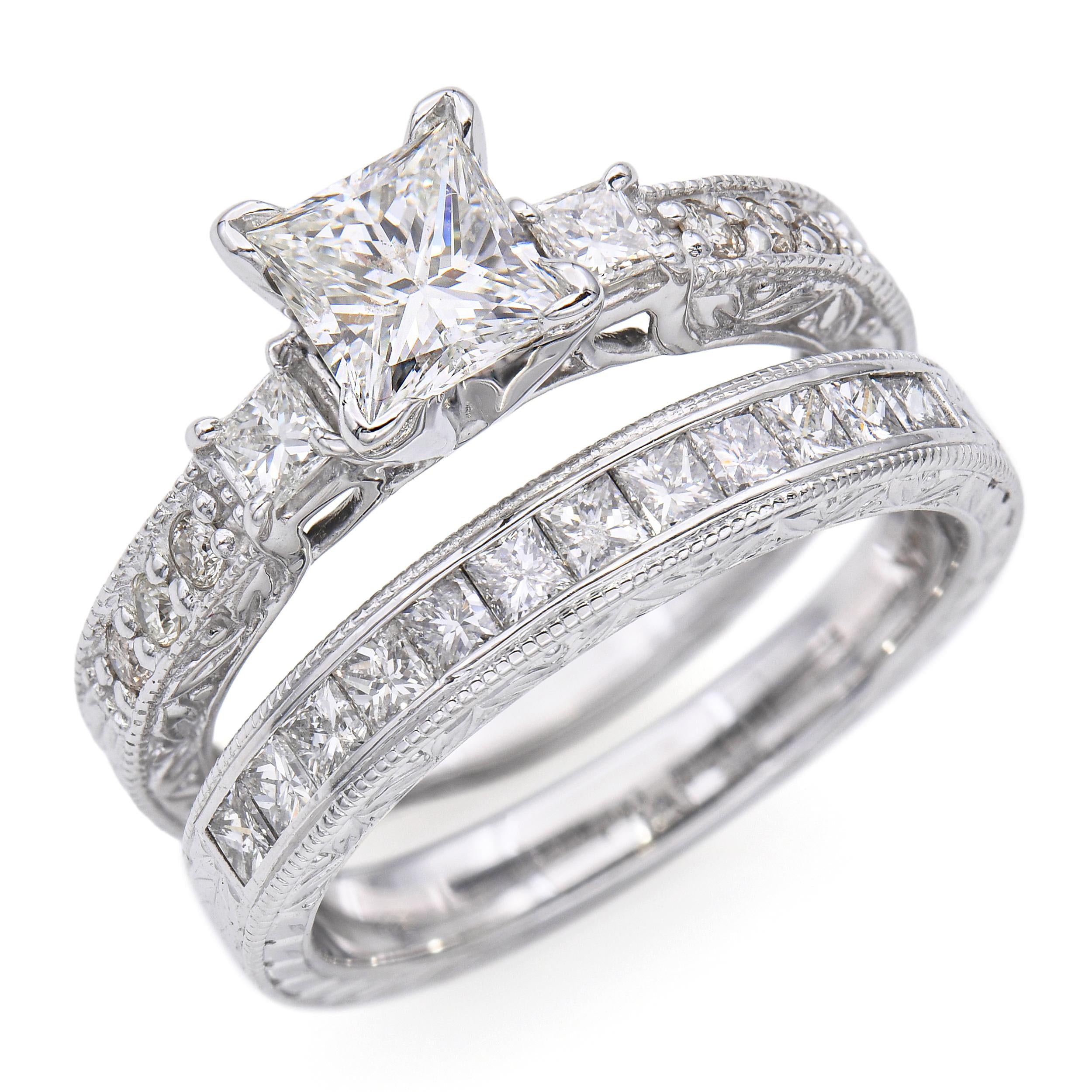 Vintage 14k White Gold 1.50tcw H Vs Diamond Engraved Engagement Ring & Band Set