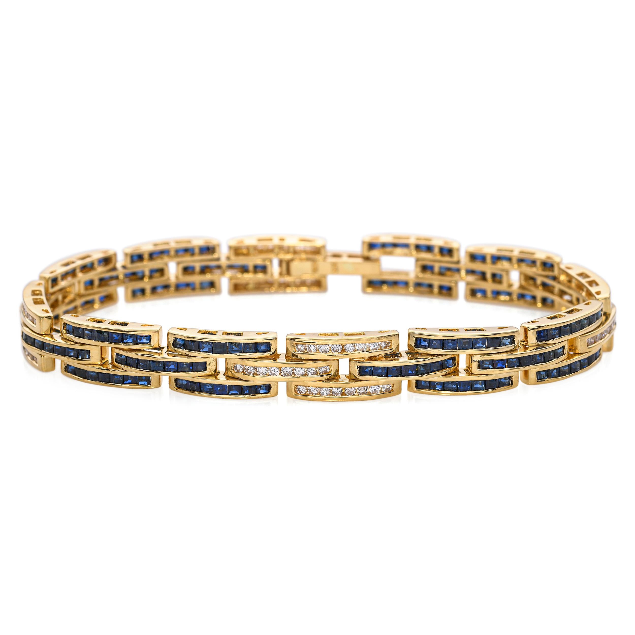 Vintage 18k Yellow Gold Diamond and Sapphire Channel Set Link Bracelet