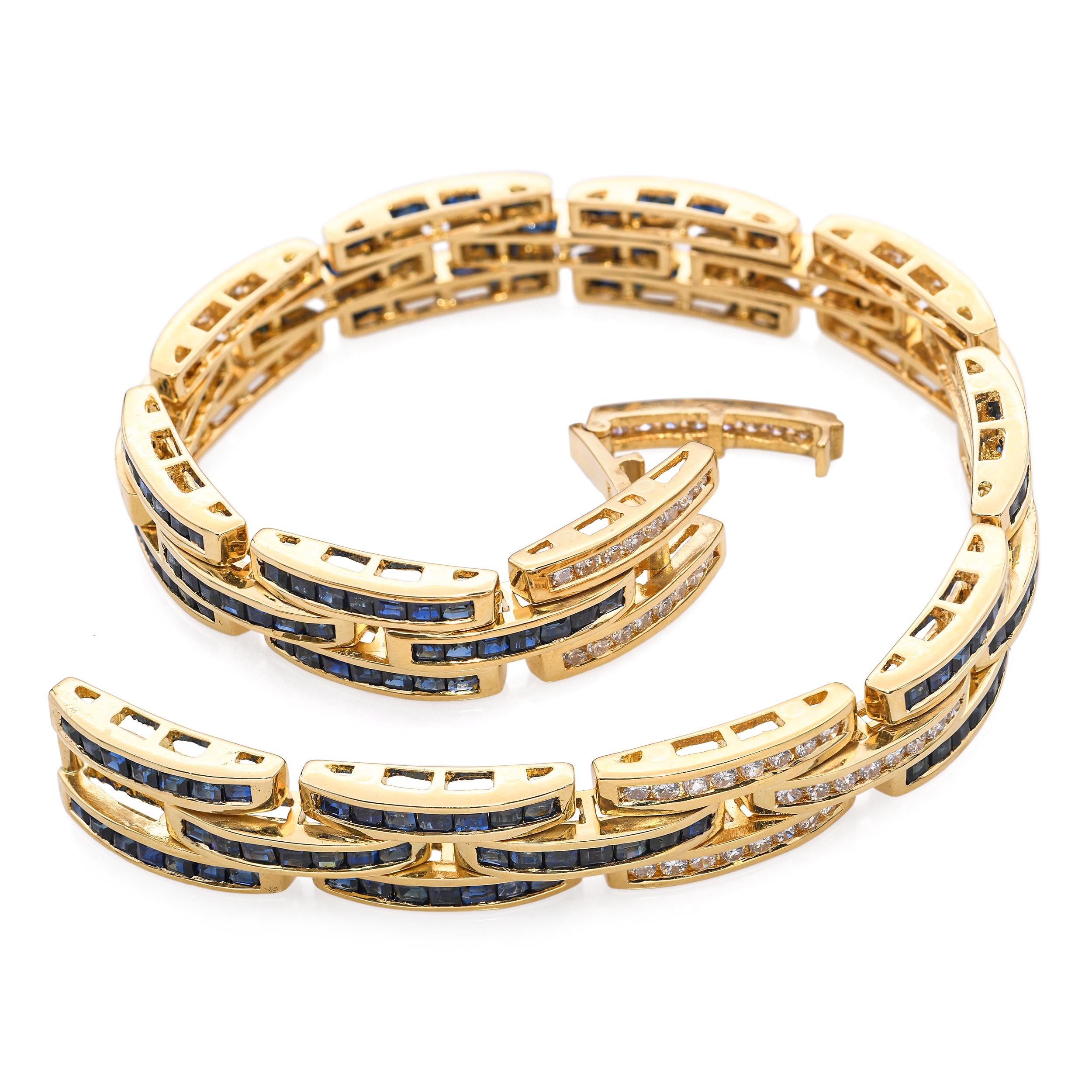 Vintage 18k Yellow Gold Diamond and Sapphire Channel Set Link Bracelet