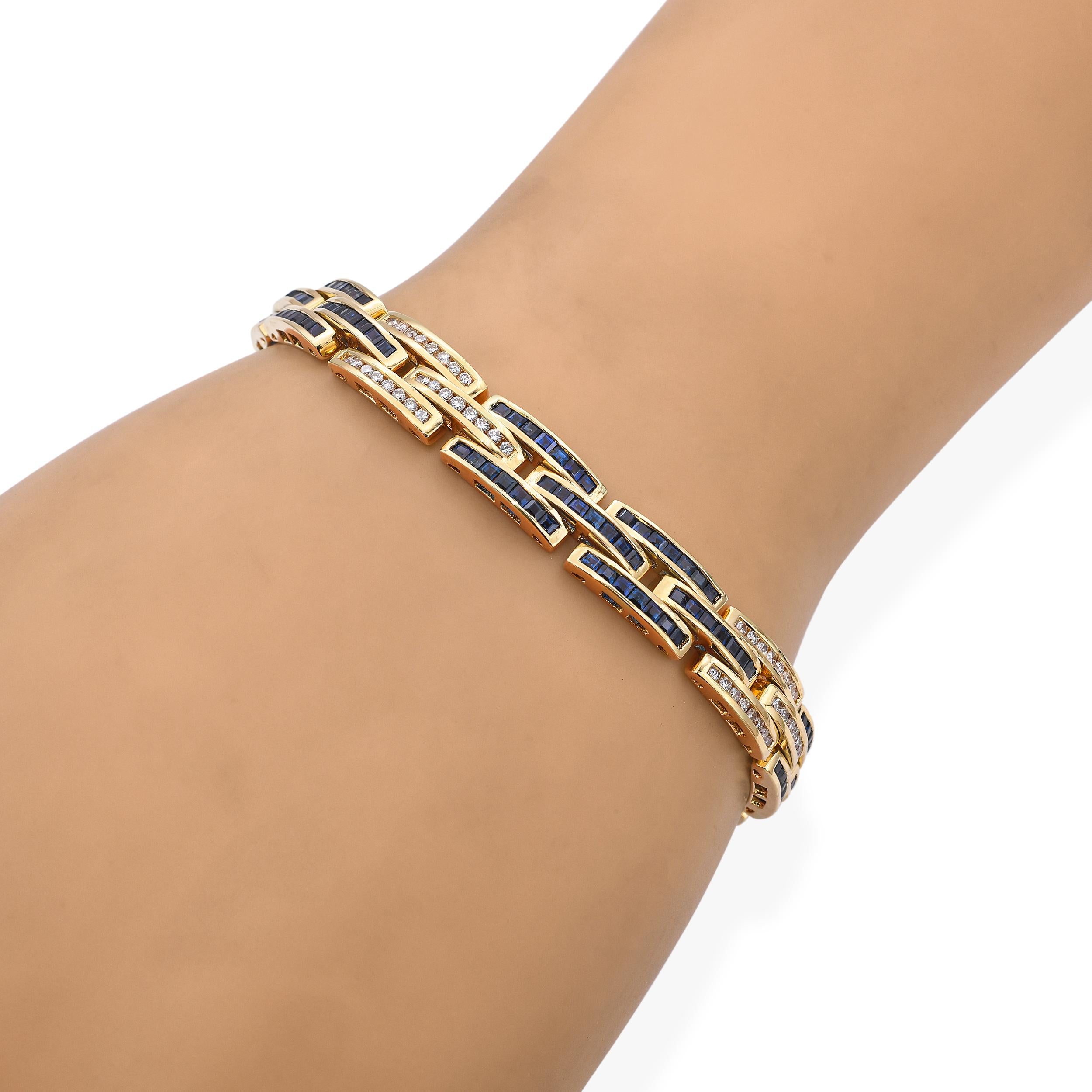 Vintage 18k Yellow Gold Diamond and Sapphire Channel Set Link Bracelet