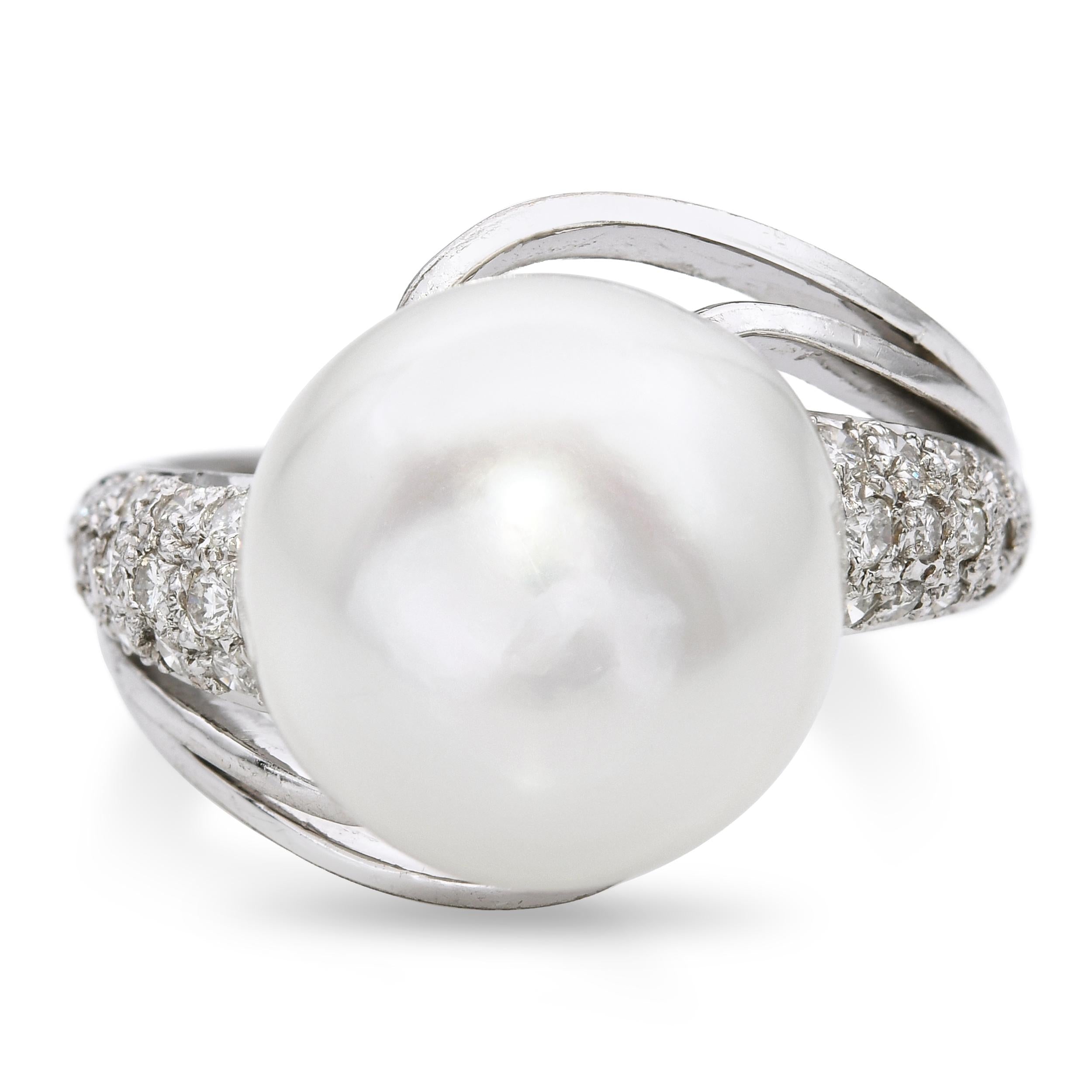 14k White Gold Pearl and Diamond Pave Statement Ring