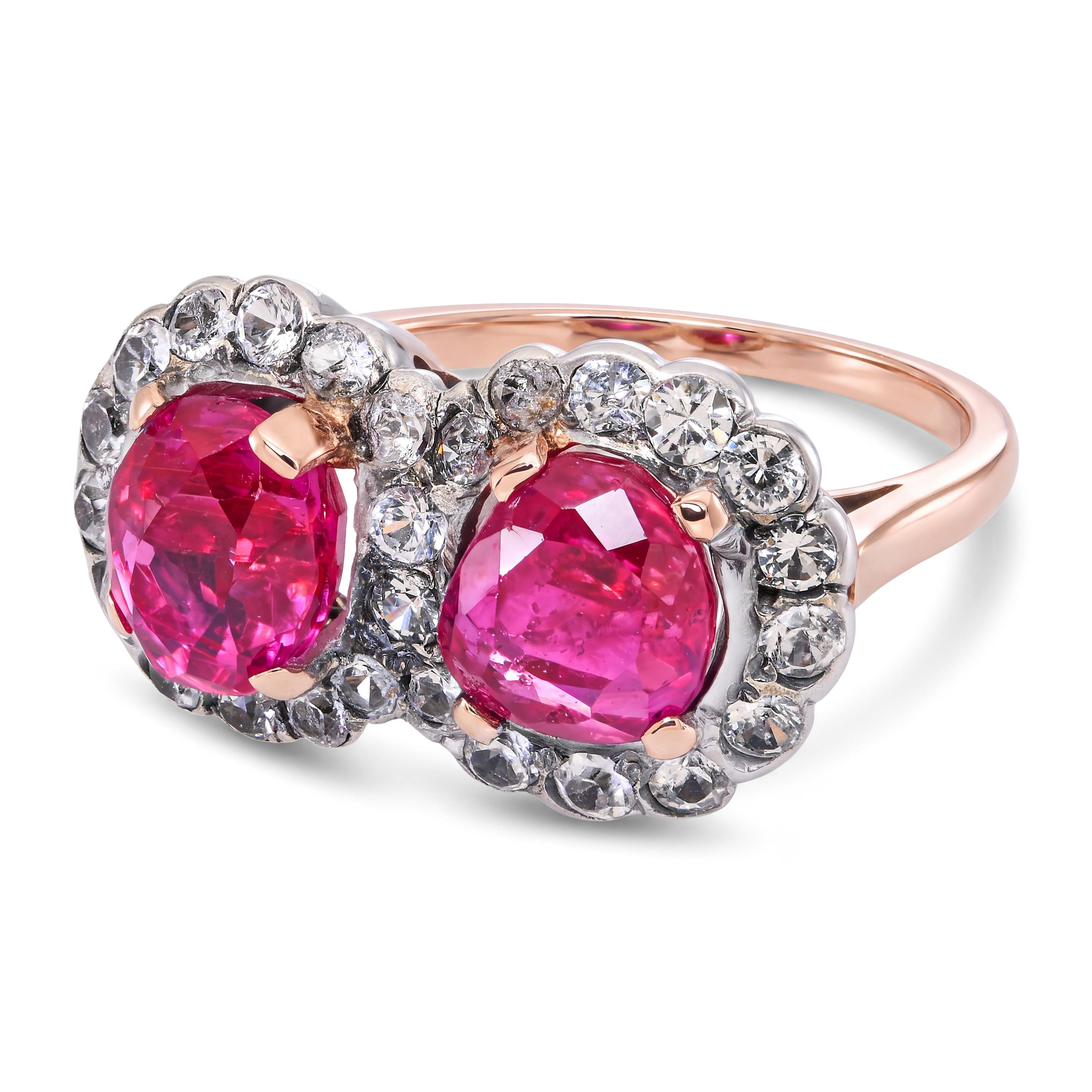 Antique Victorian Silver Topped Gold Burmese No Heat Ruby Two-Stone Ring GIA