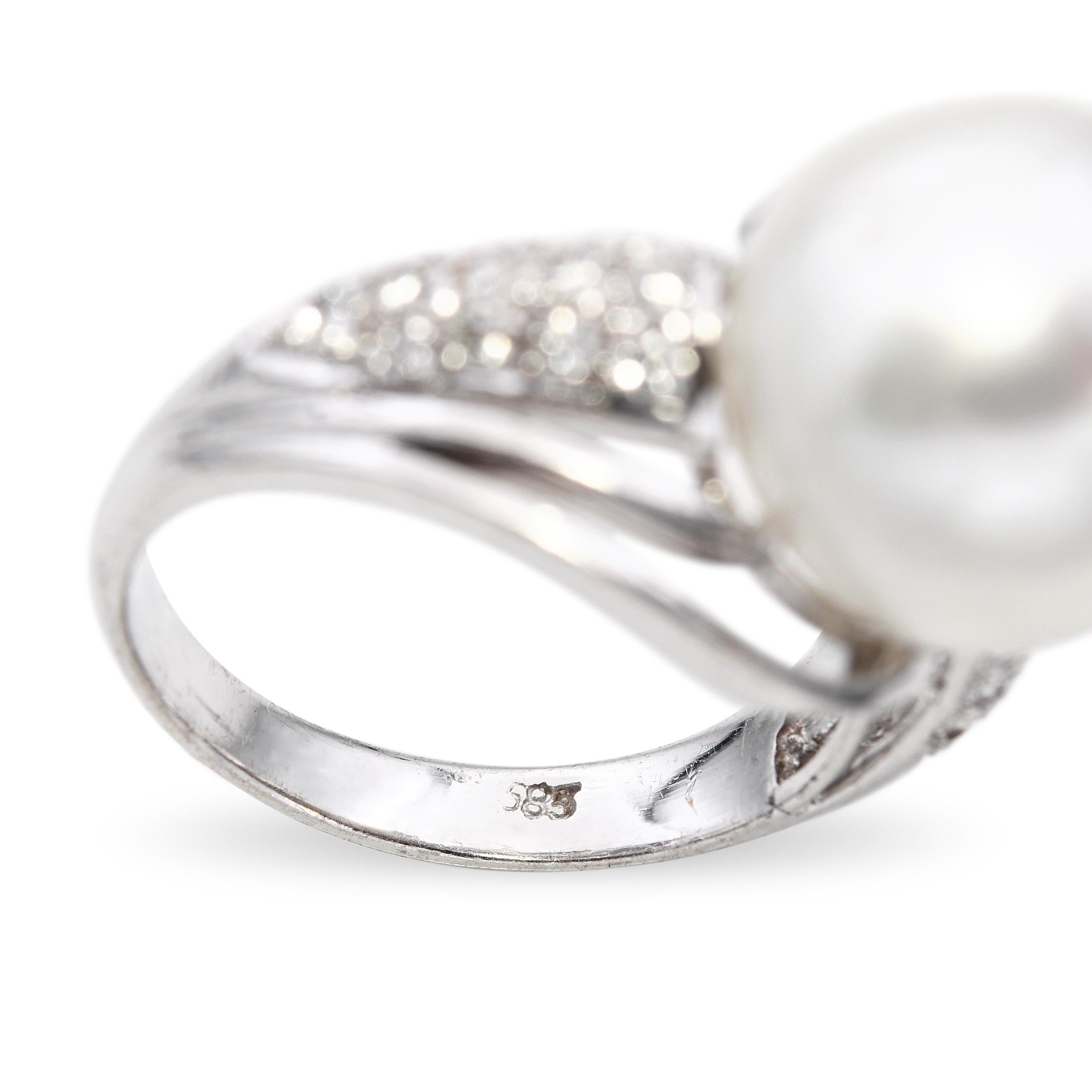 14k White Gold Pearl and Diamond Pave Statement Ring