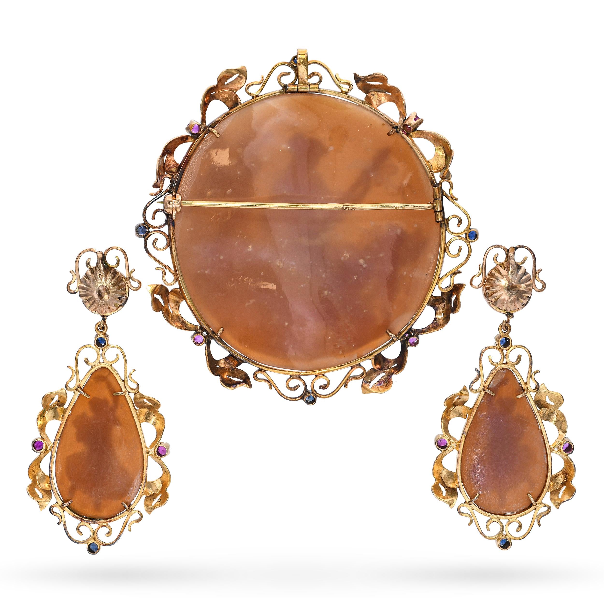 Antique 12k Yellow Gold Sapphire and Ruby Shell Cameo Jewelry Set