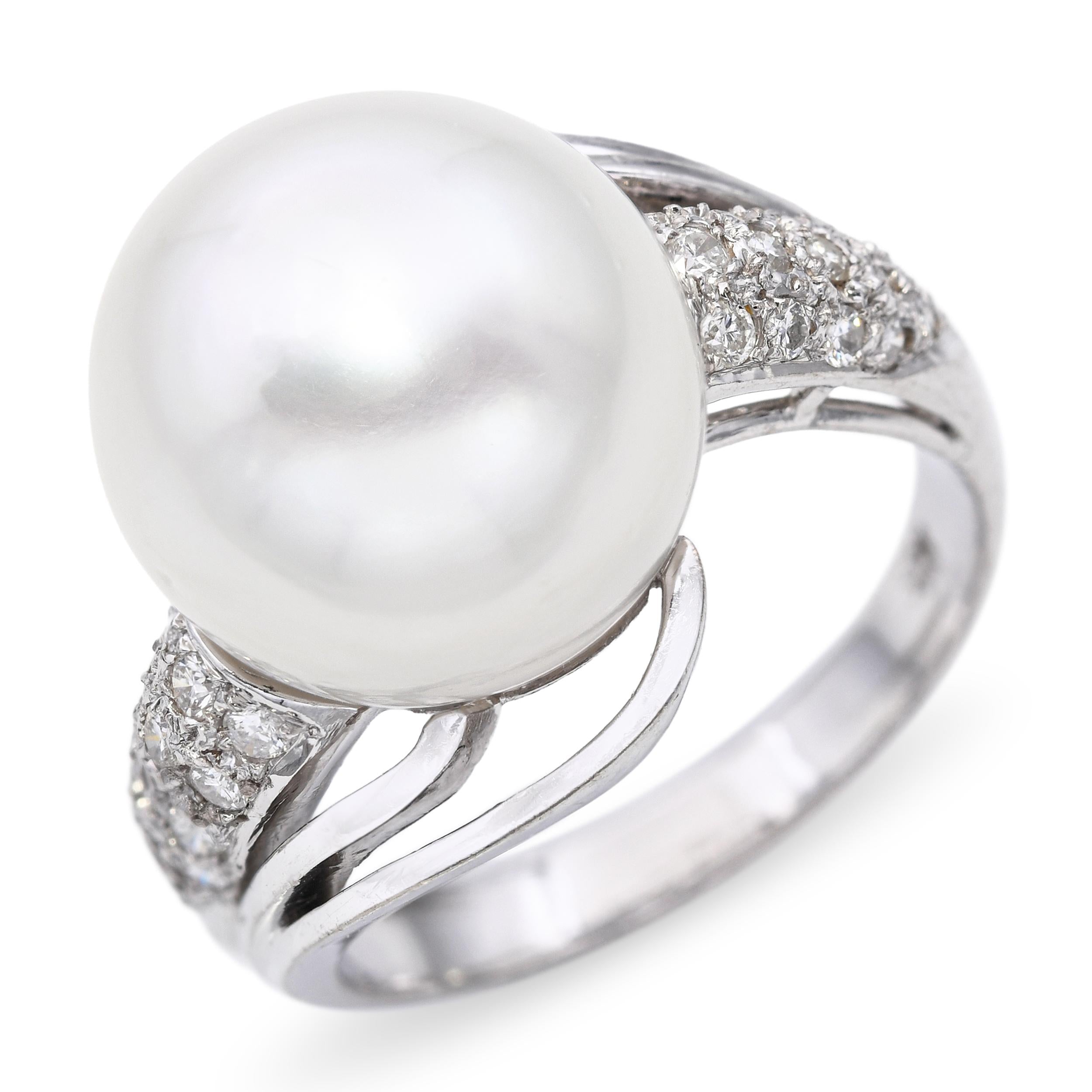 14k White Gold Pearl and Diamond Pave Statement Ring