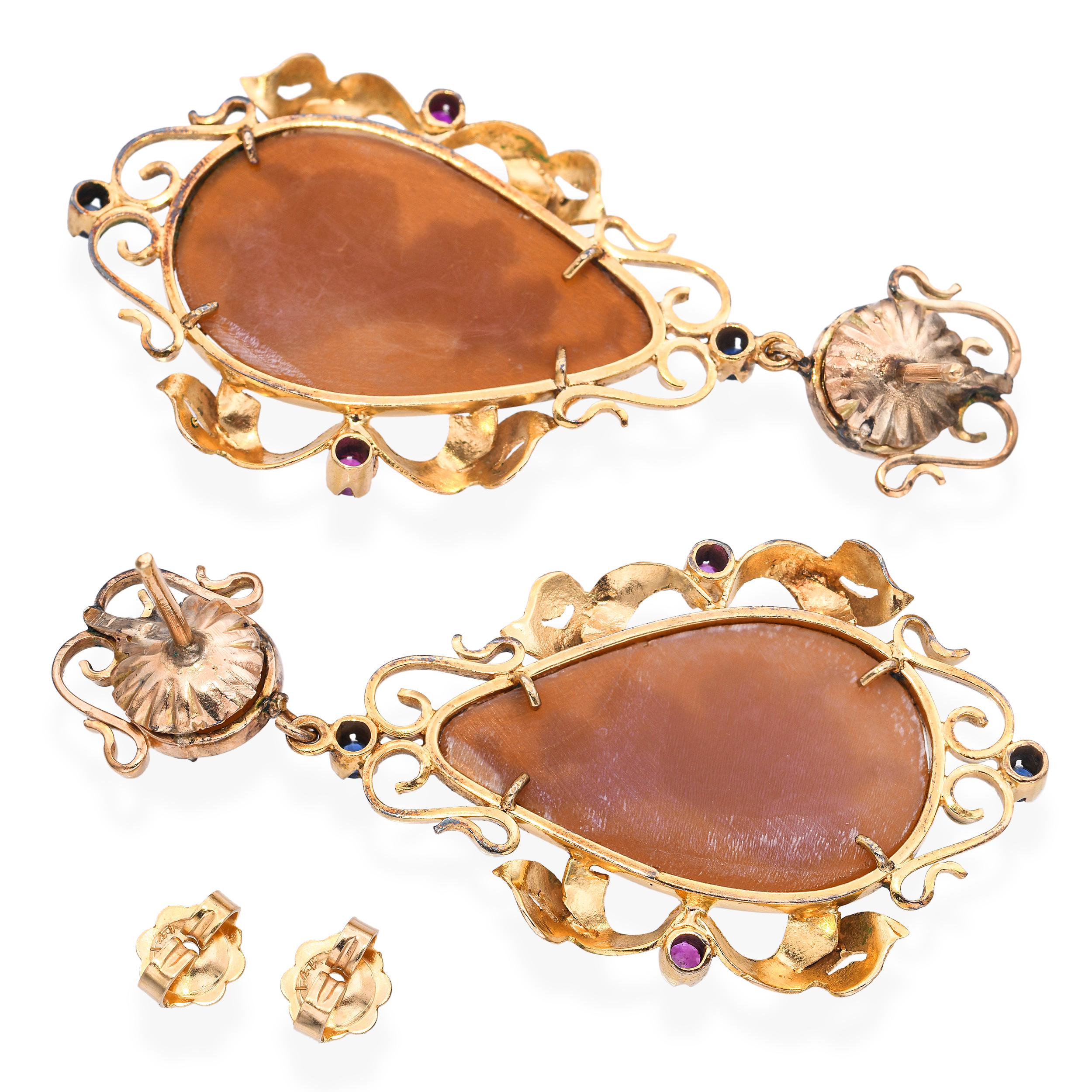 Antique 12k Yellow Gold Sapphire and Ruby Shell Cameo Jewelry Set