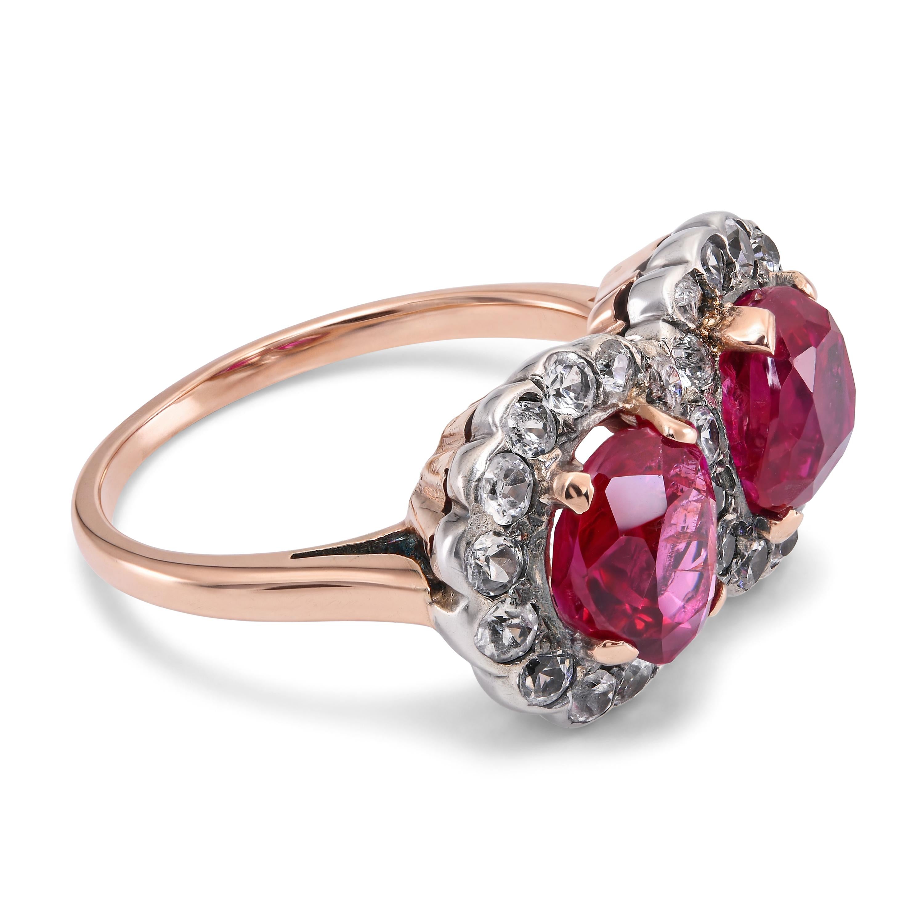 Antique Victorian Silver Topped Gold Burmese No Heat Ruby Two-Stone Ring GIA