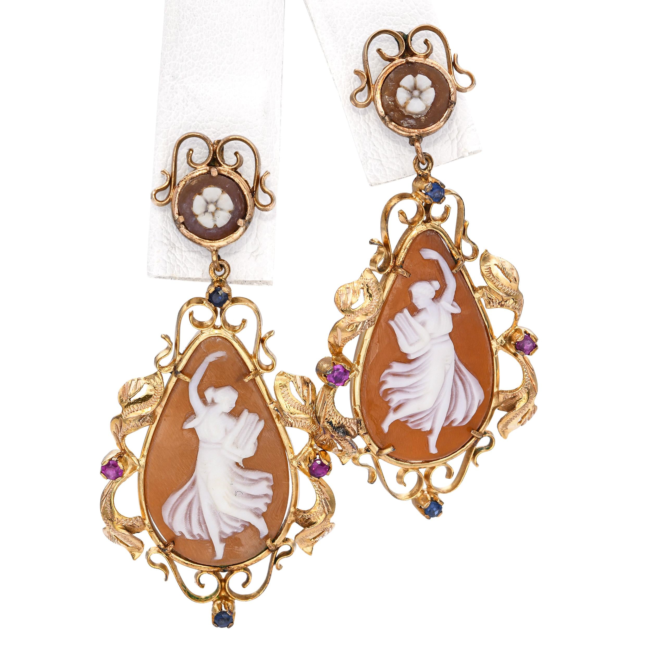 Antique 12k Yellow Gold Sapphire and Ruby Shell Cameo Jewelry Set