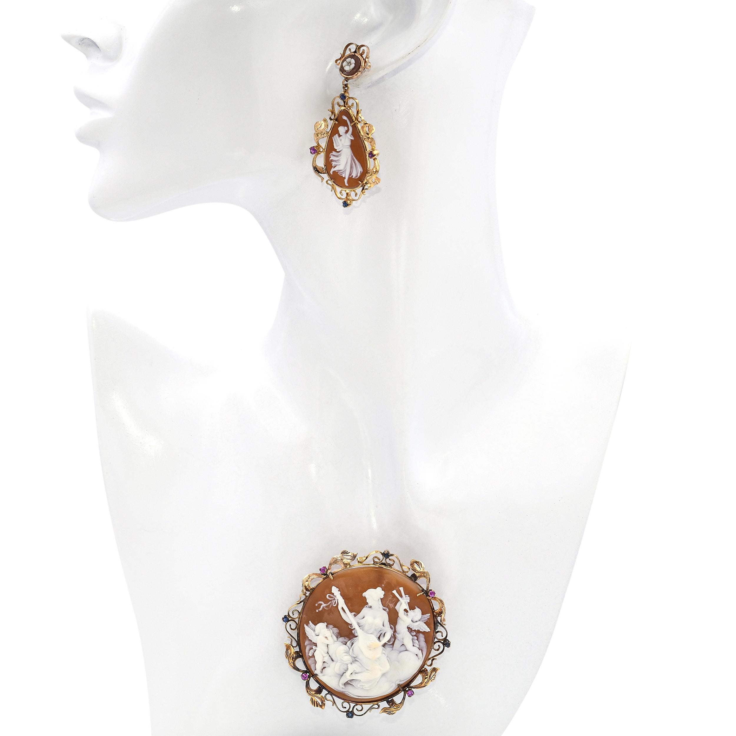 Antique 12k Yellow Gold Sapphire and Ruby Shell Cameo Jewelry Set