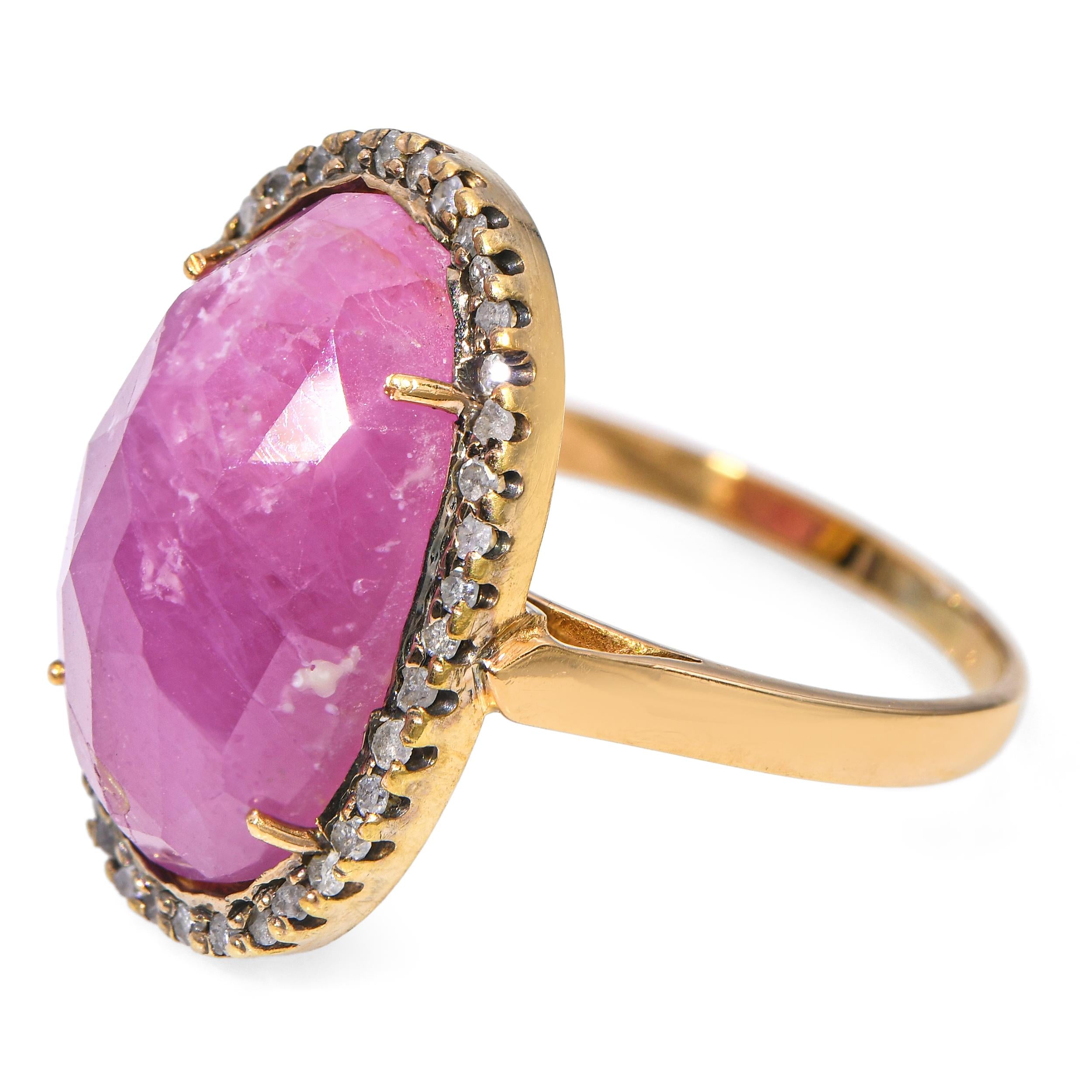 Vintage 14k Yellow Gold 11.04ct Ruby and 0.21tcw Diamond Halo Ring