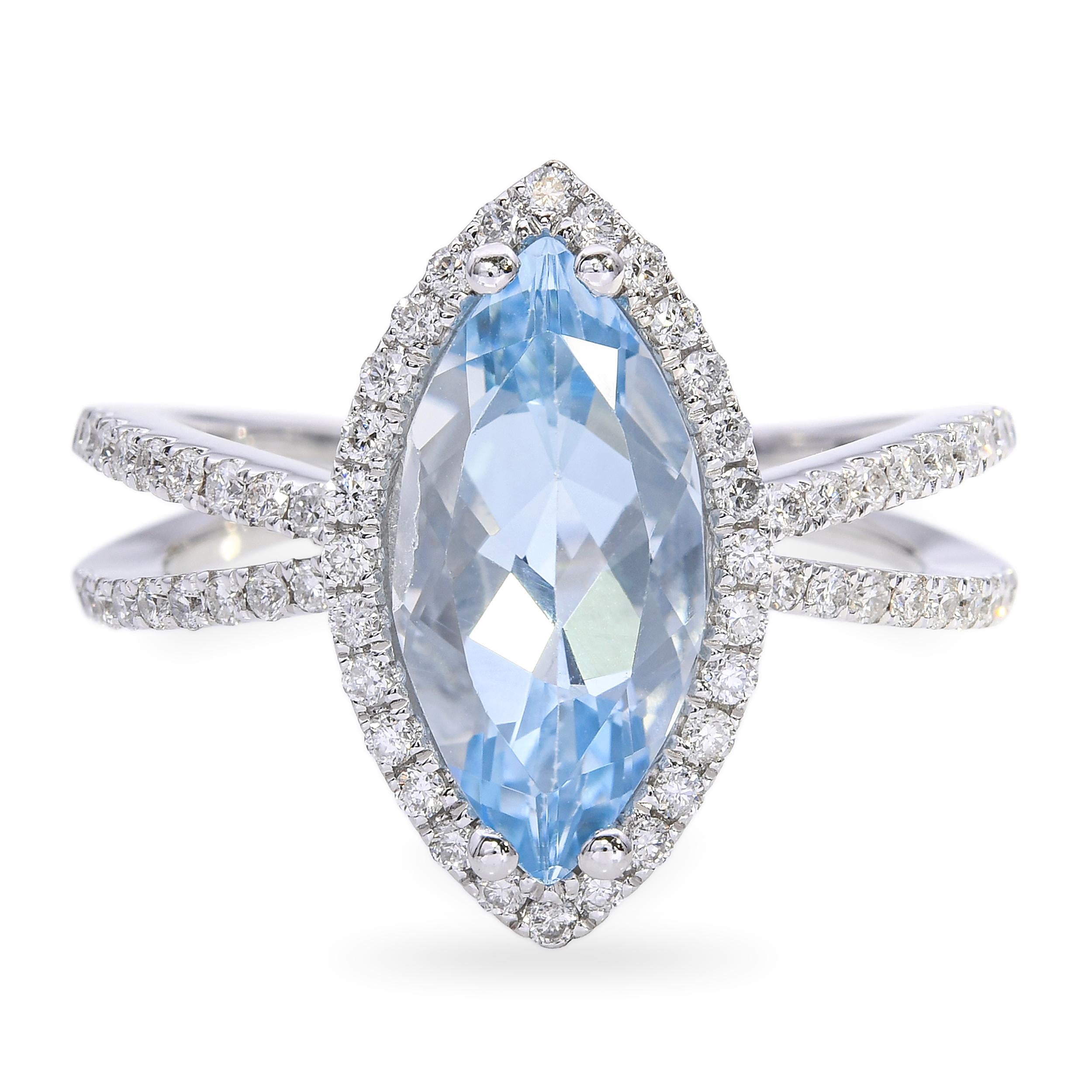 14k White Gold Aquamarine and Diamond Split Shank Ring