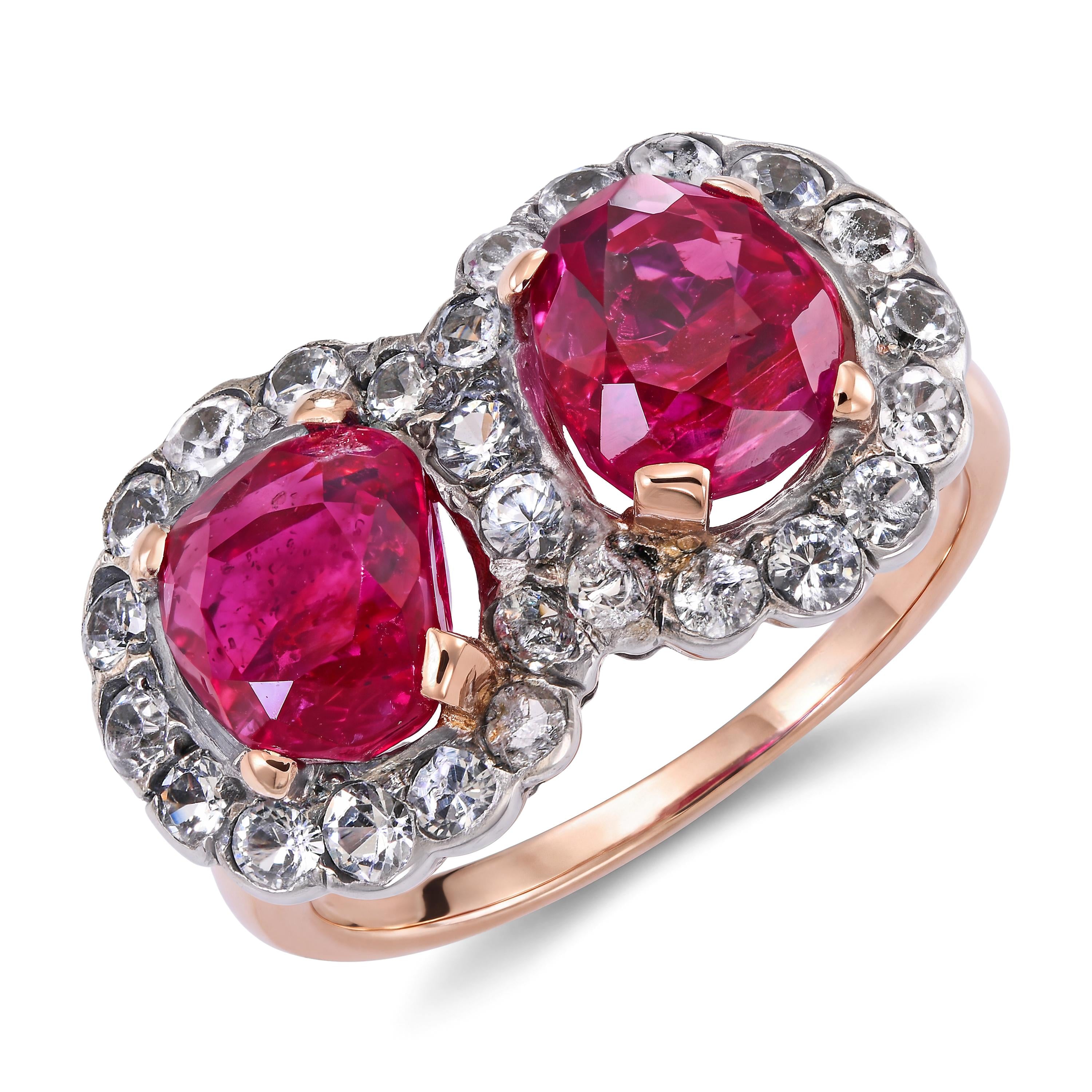 Antique Victorian Silver Topped Gold Burmese No Heat Ruby Two-Stone Ring GIA
