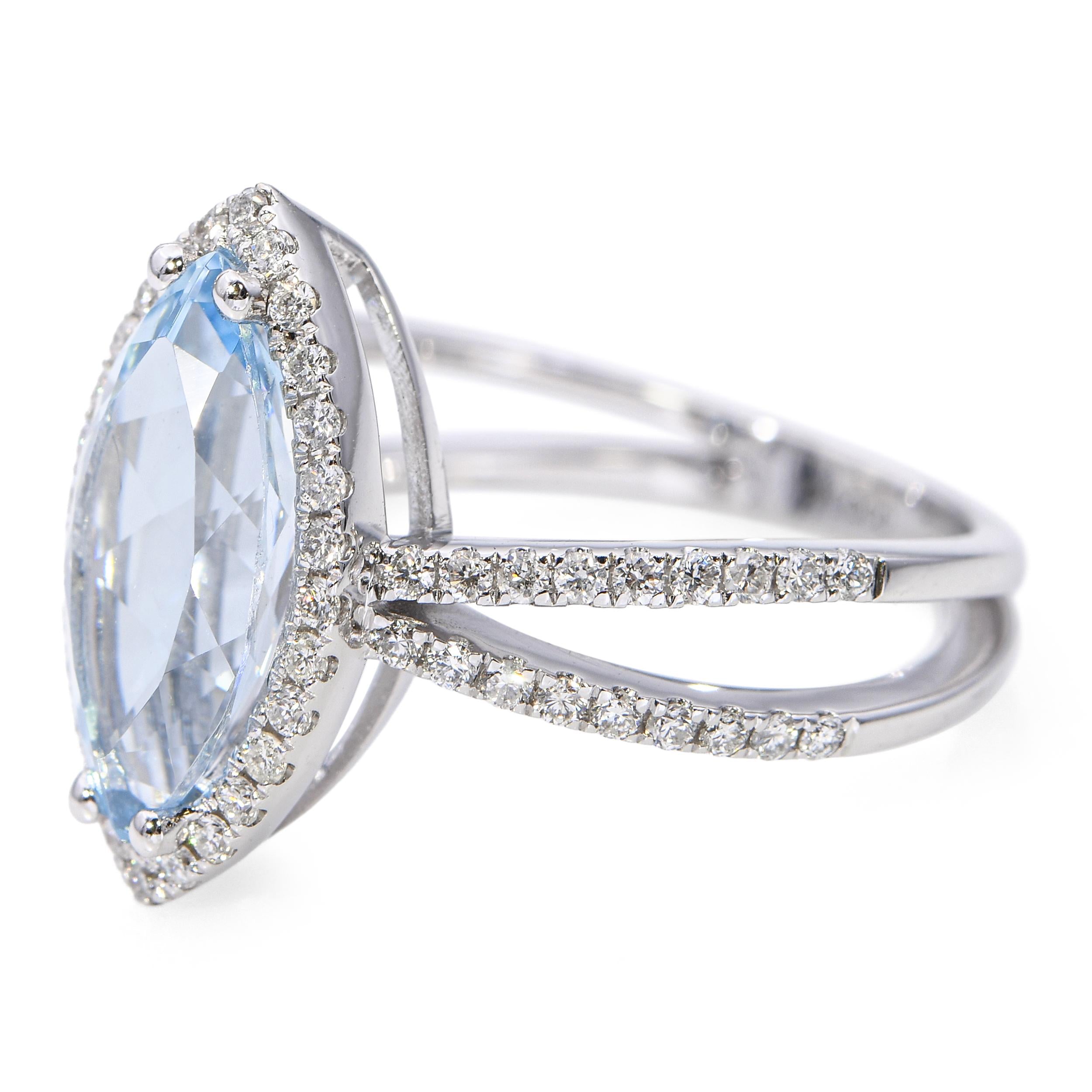 14k White Gold Aquamarine and Diamond Split Shank Ring