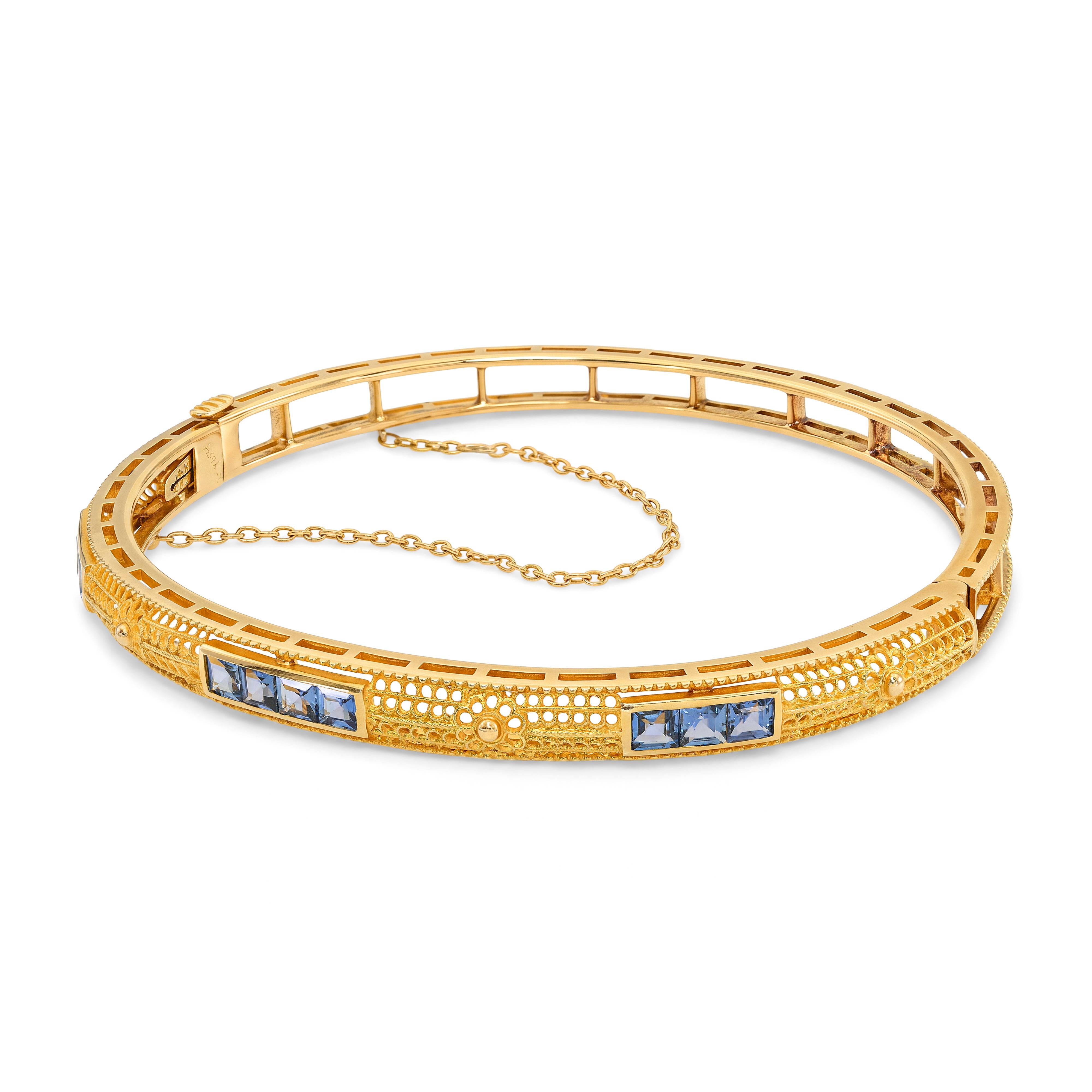 14k Yellow Gold Sapphire Hinge Bangle Bracelet