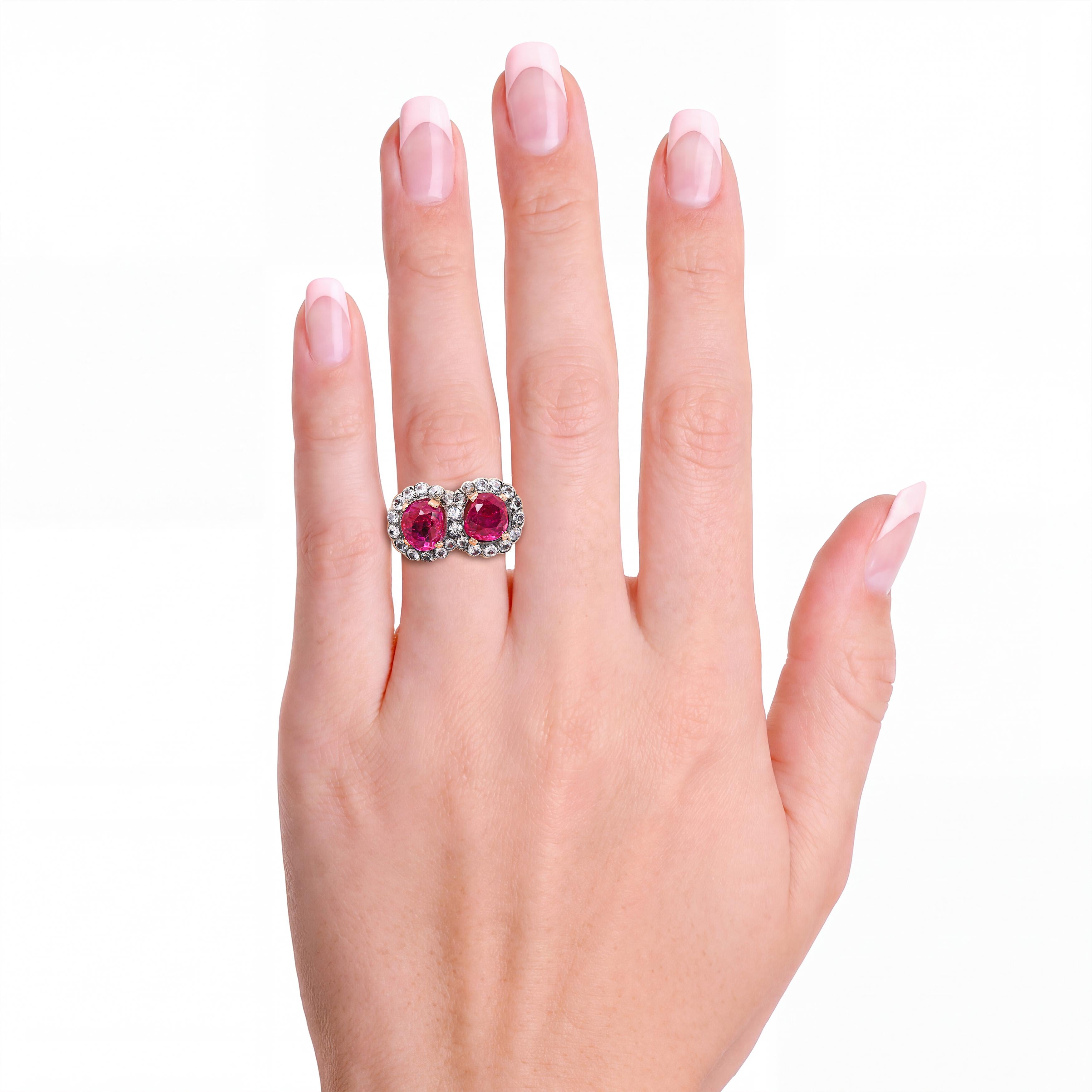 Antique Victorian Silver Topped Gold Burmese No Heat Ruby Two-Stone Ring GIA