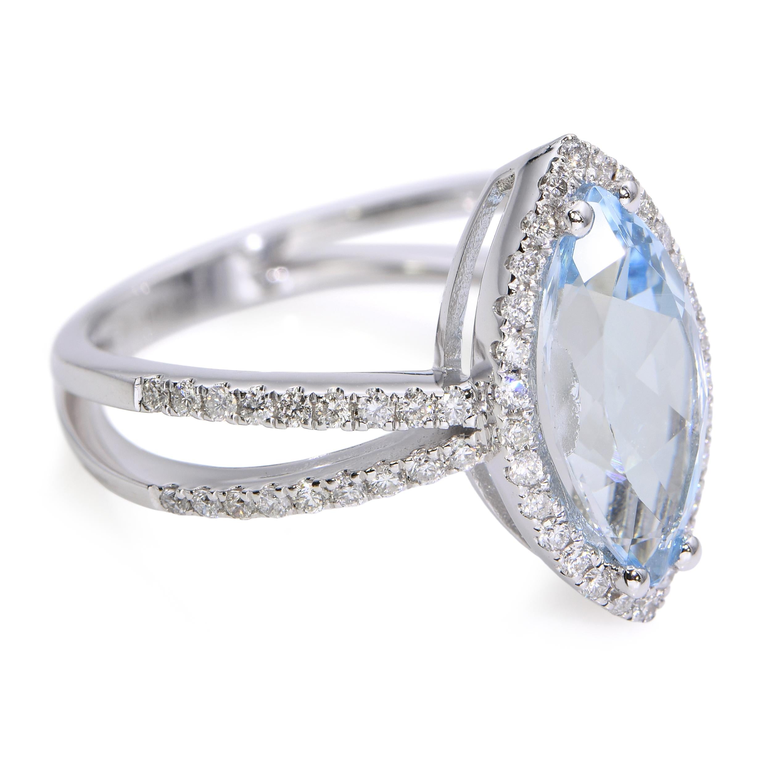 14k White Gold Aquamarine and Diamond Split Shank Ring
