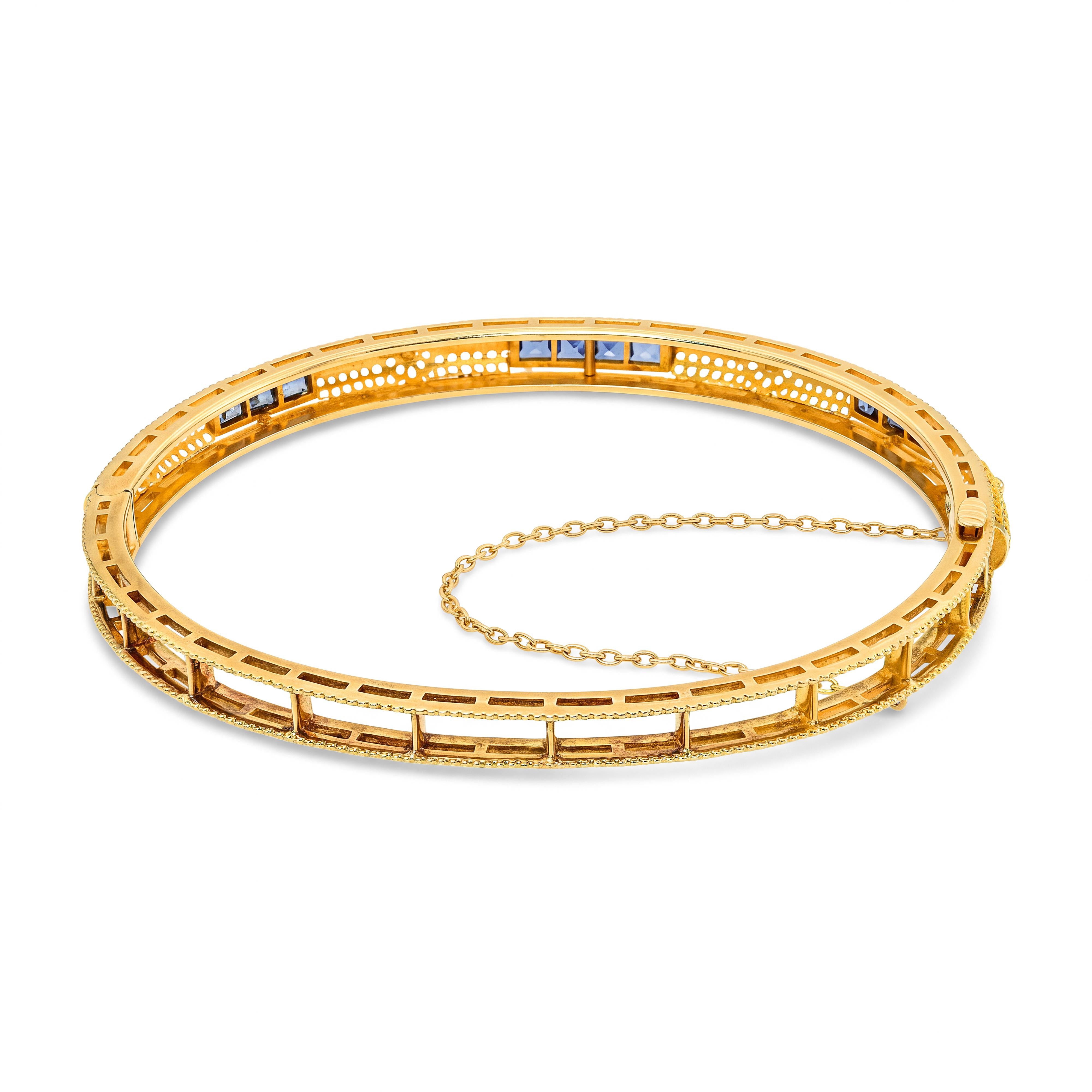 14k Yellow Gold Sapphire Hinge Bangle Bracelet
