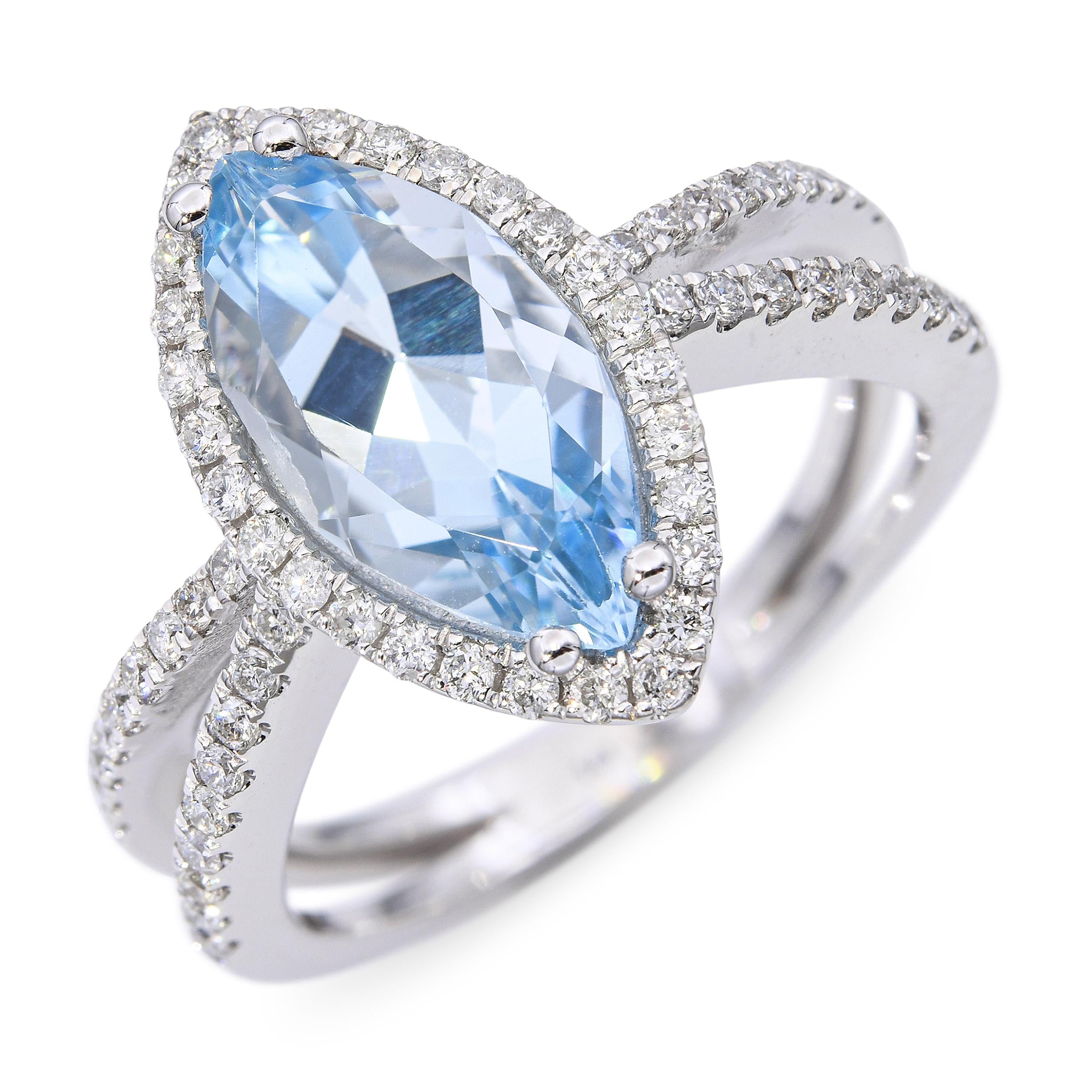 14k White Gold Aquamarine and Diamond Split Shank Ring