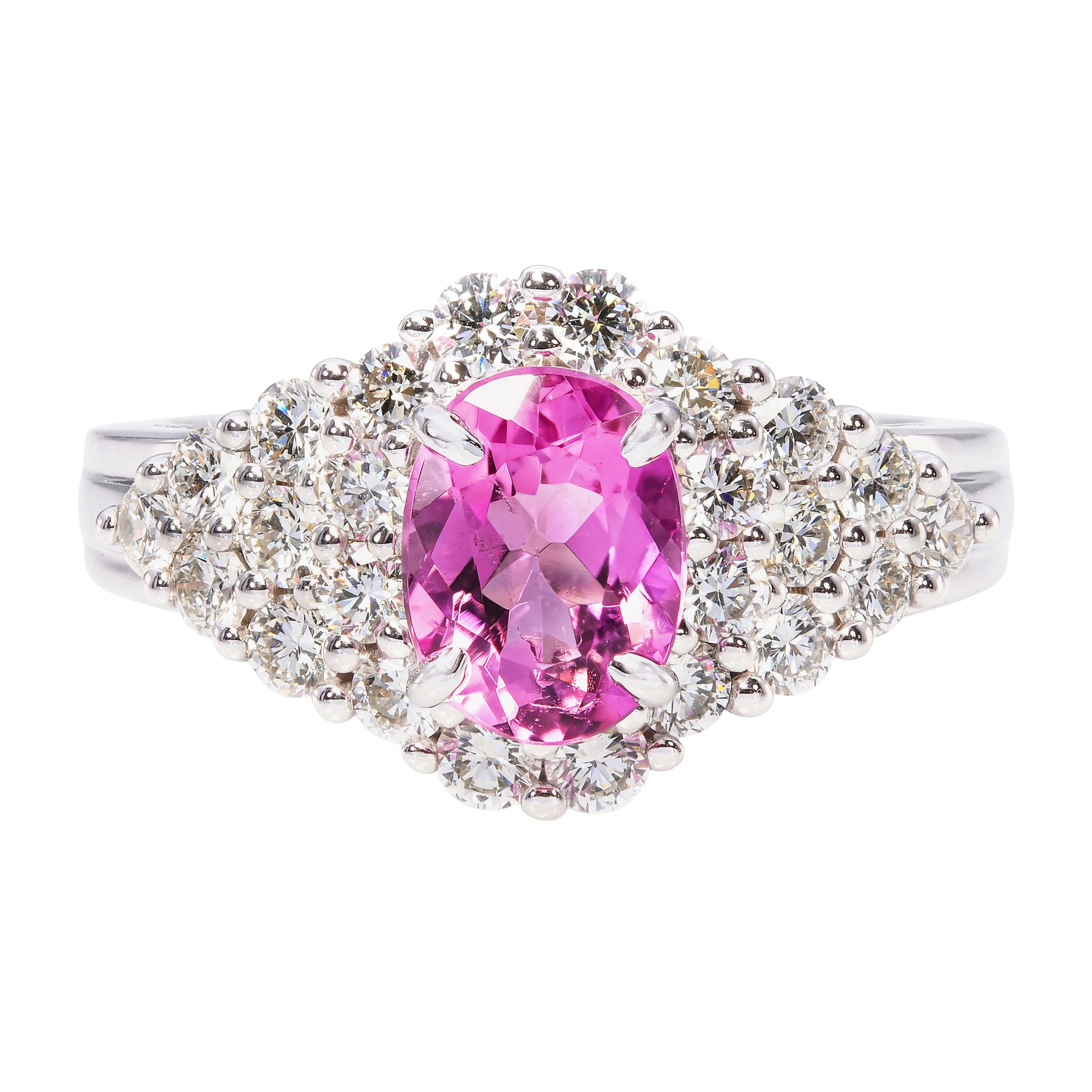14k White Gold Rubellite Tourmaline and Diamond Pave Ring