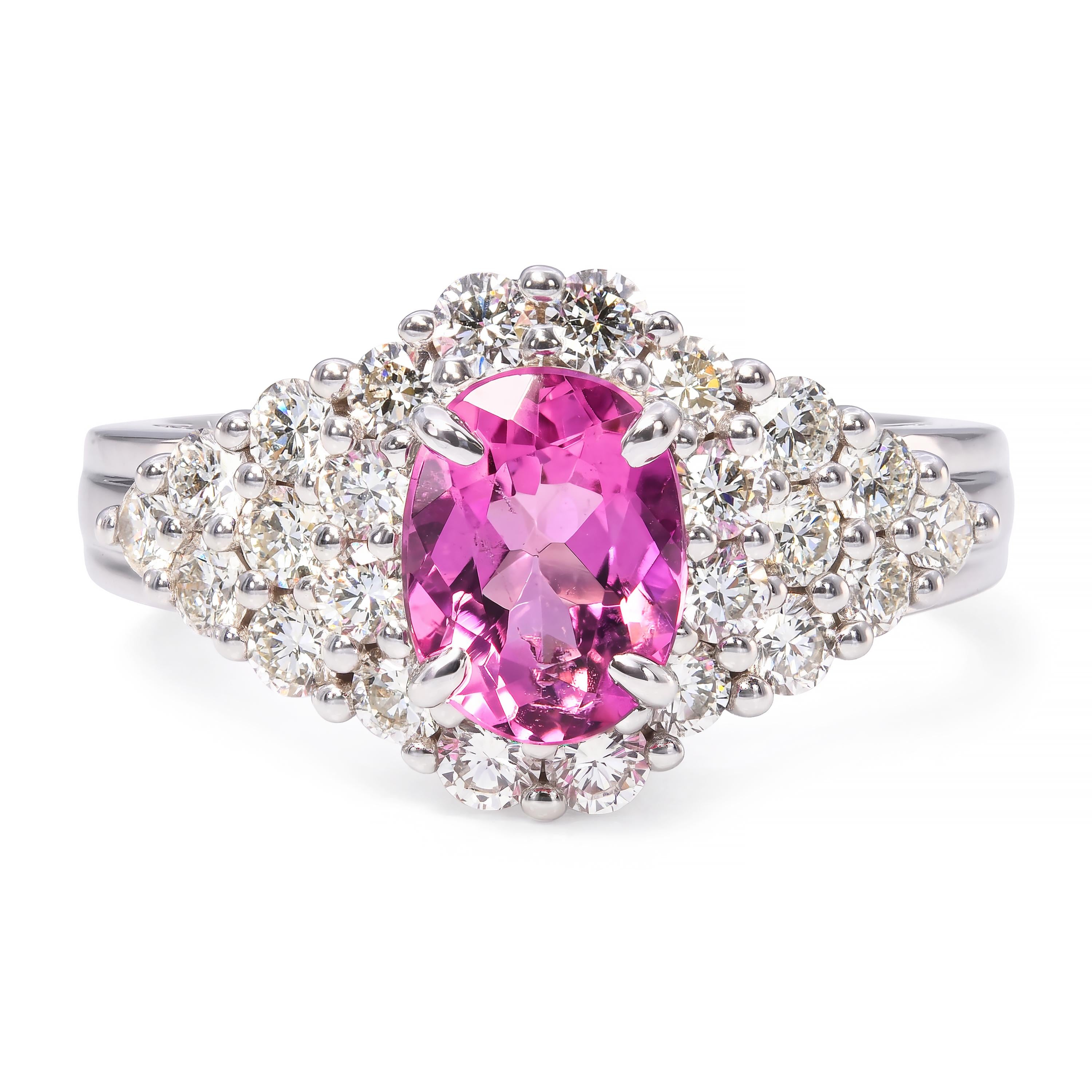 14k White Gold Rubellite Tourmaline and Diamond Pave Ring
