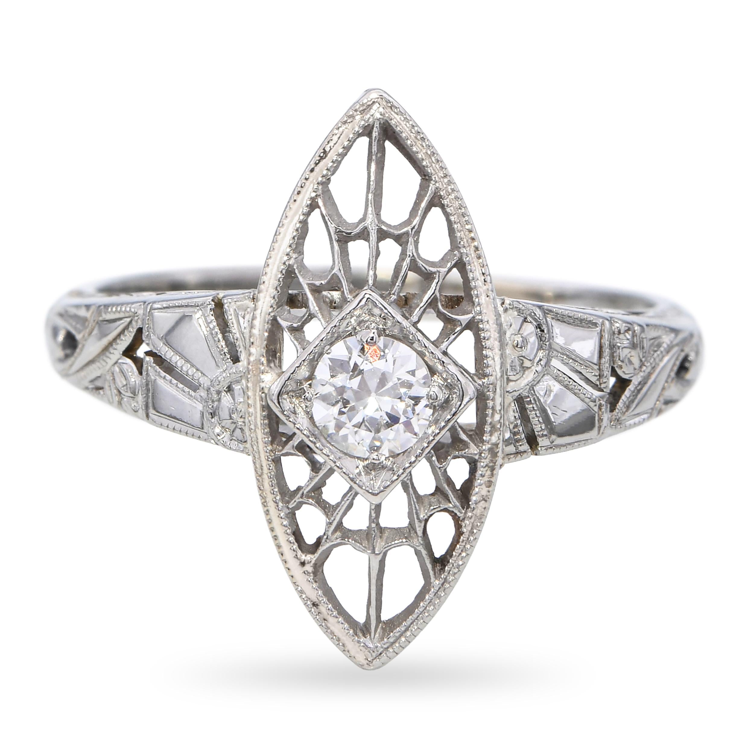 Vintage 18k White Gold 0.15ct Old Euro Diamond Filigree Ring