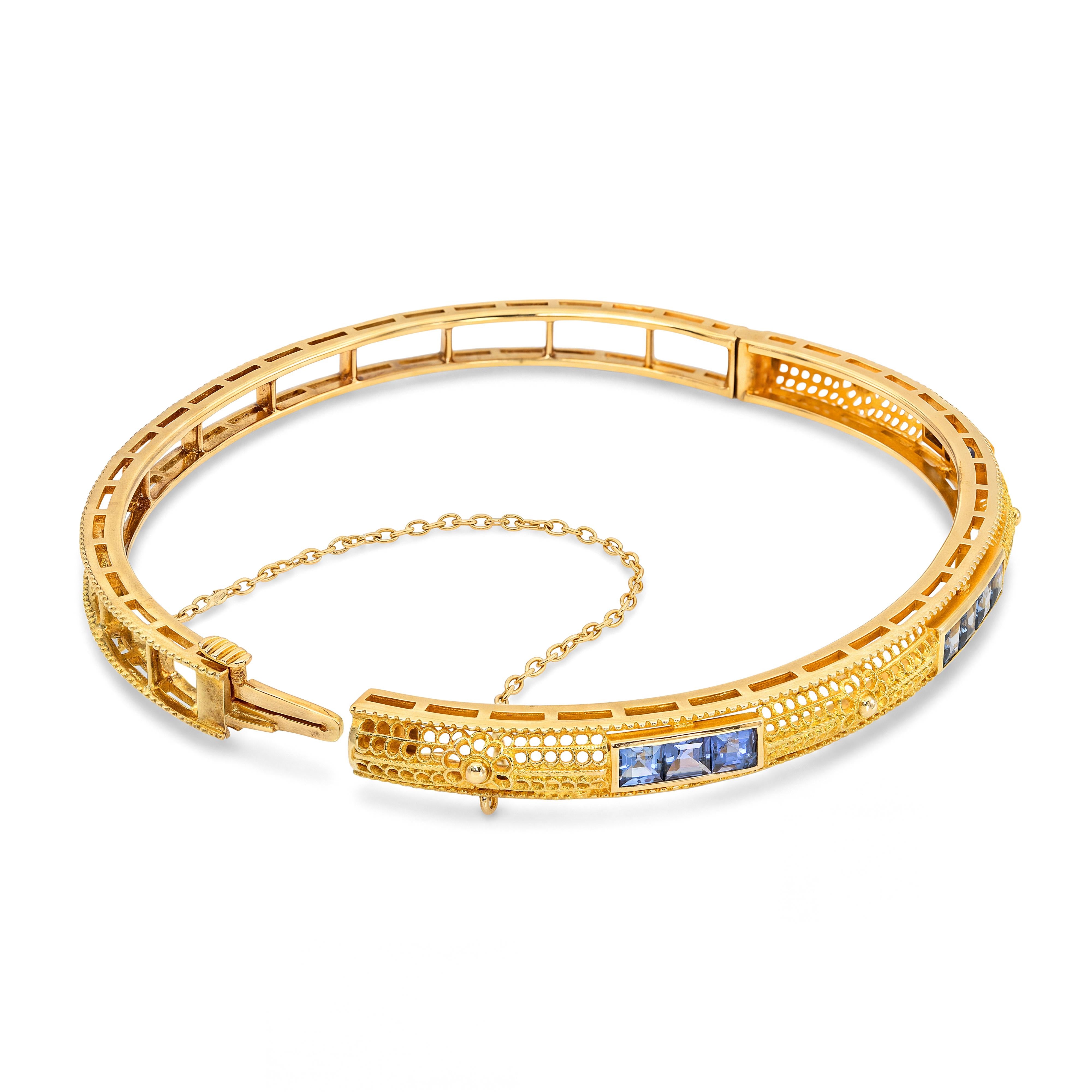 14k Yellow Gold Sapphire Hinge Bangle Bracelet