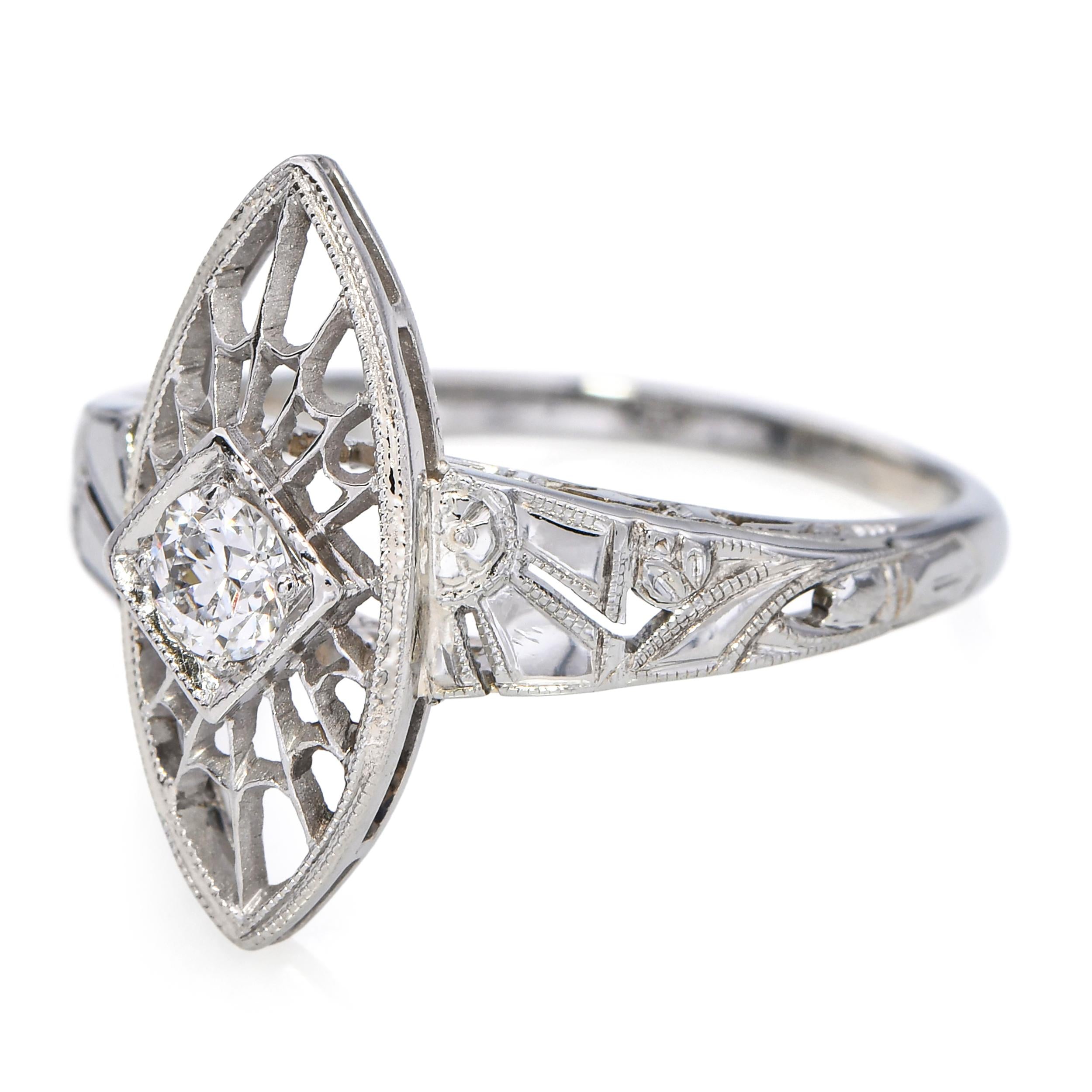 Vintage 18k White Gold 0.15ct Old Euro Diamond Filigree Ring