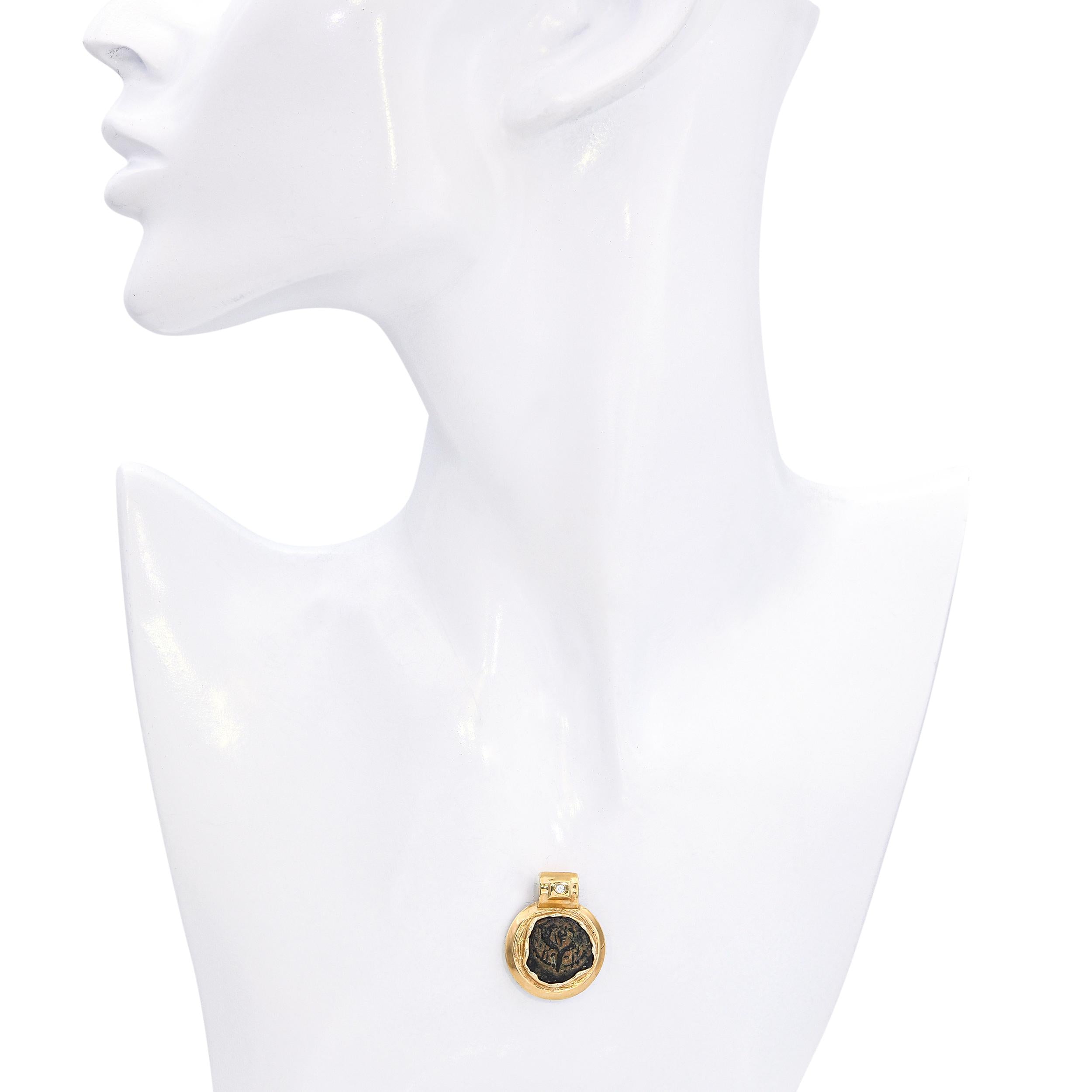 Ancient Bronze Prutah Coin 14k Yellow Gold & Diamond Pendant