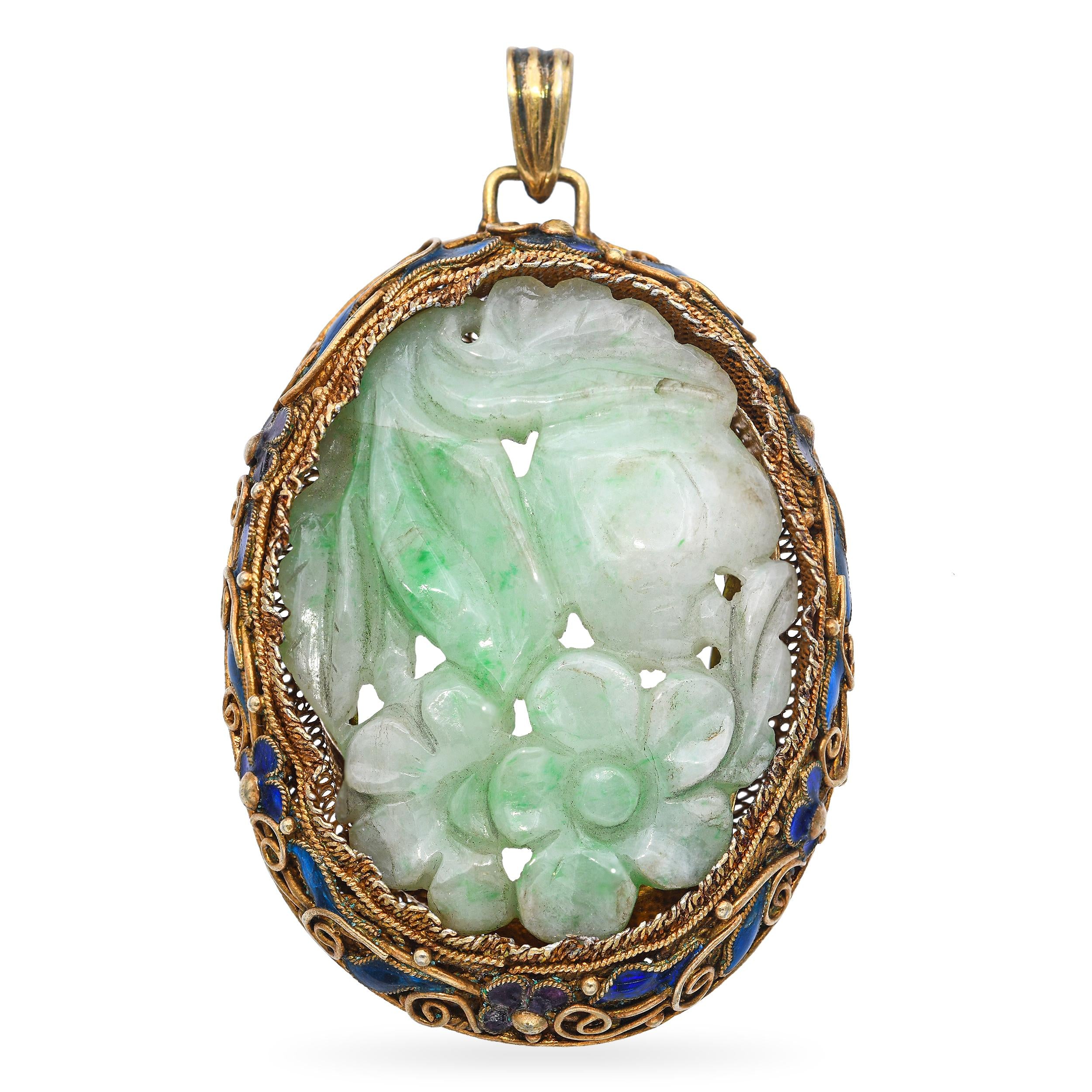 Vintage Silver Jadeite Carving and Enamel Pendant