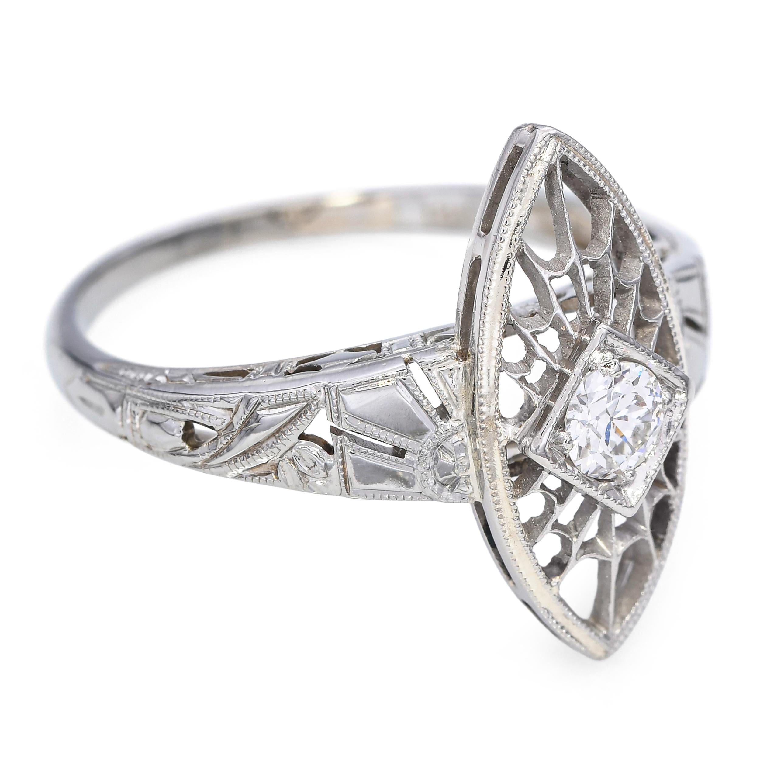 Vintage 18k White Gold 0.15ct Old Euro Diamond Filigree Ring