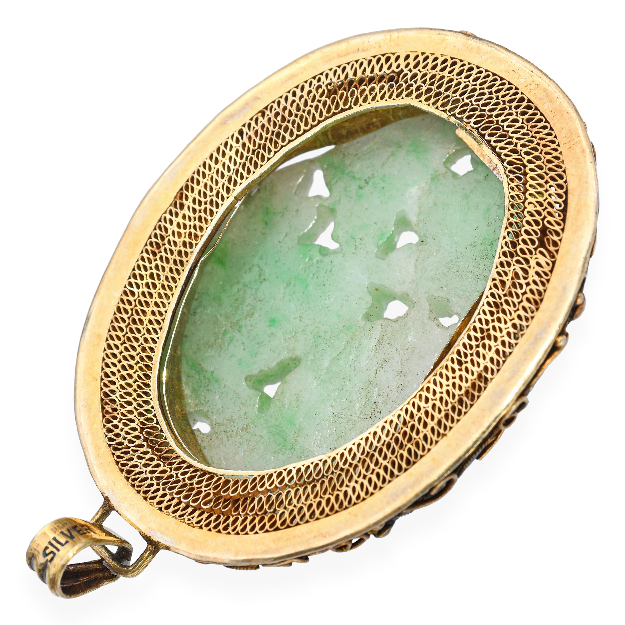 Vintage Silver Jadeite Carving and Enamel Pendant