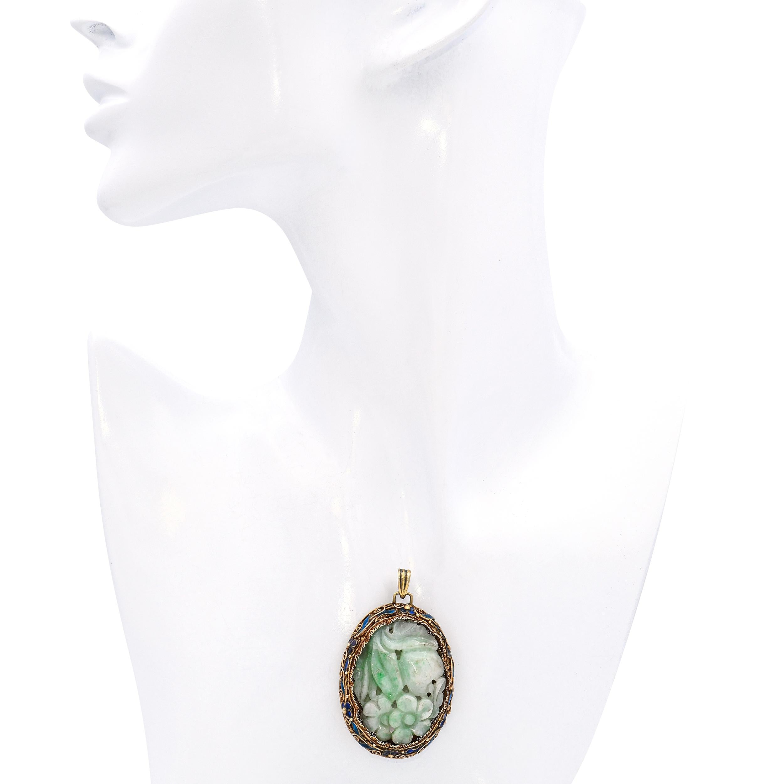 Vintage Silver Jadeite Carving and Enamel Pendant