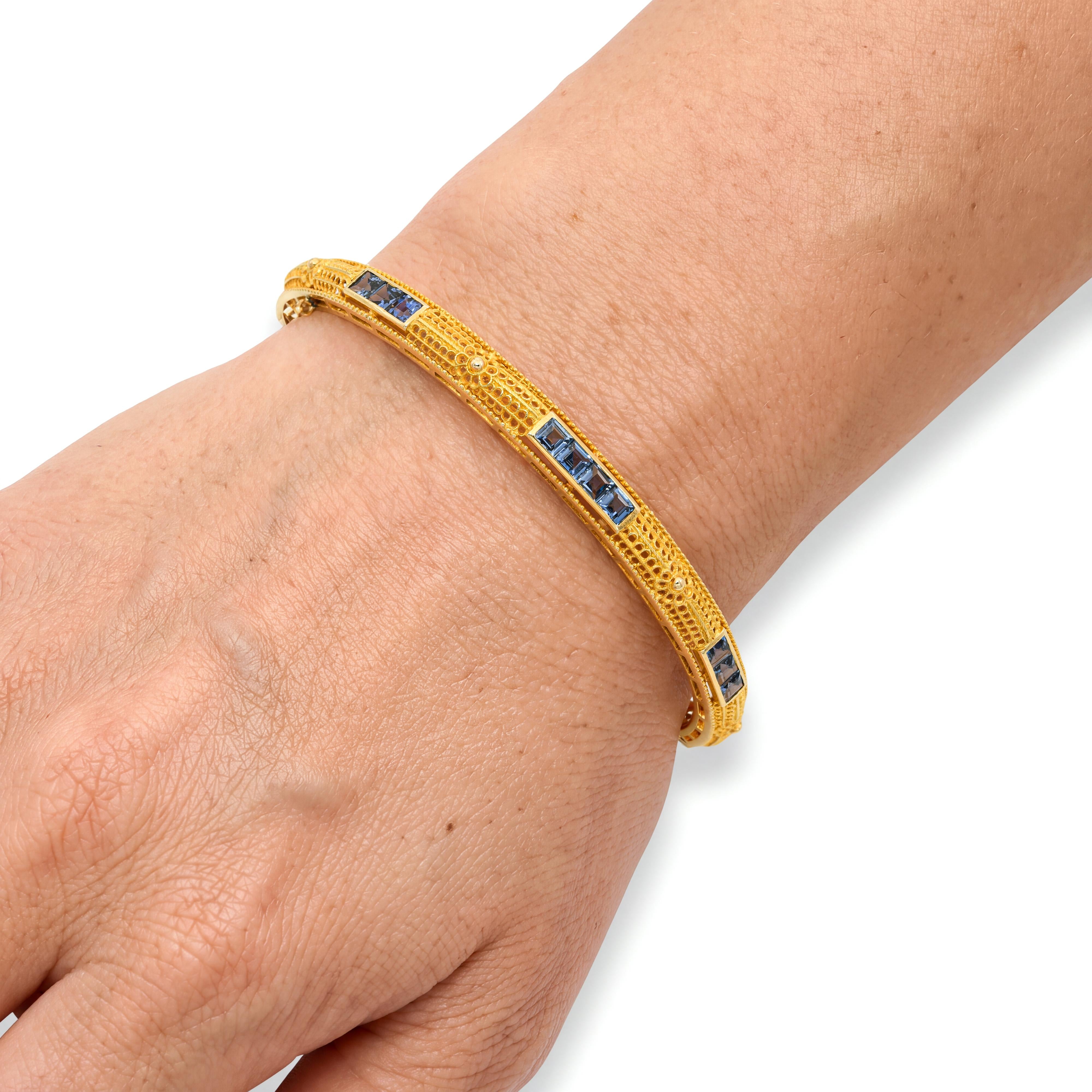 14k Yellow Gold Sapphire Hinge Bangle Bracelet