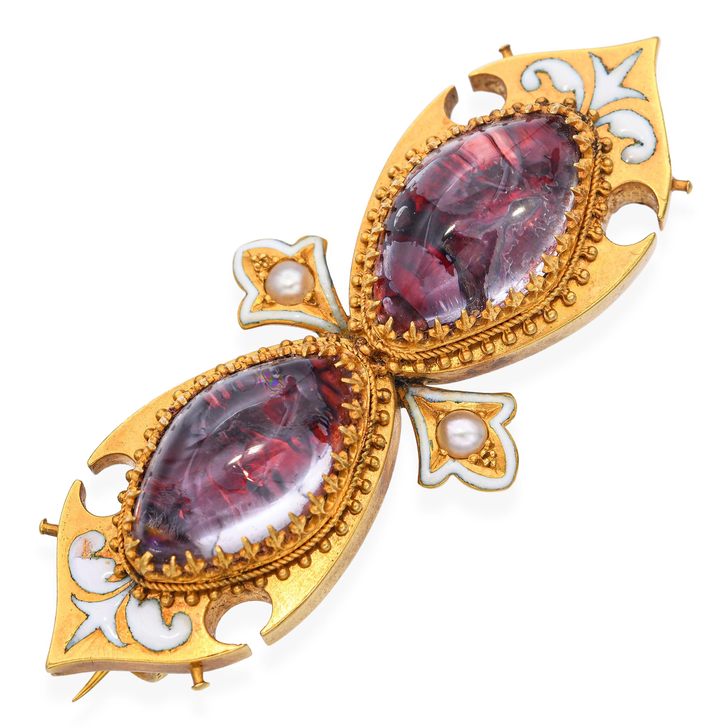 Antique Victorian 19k Yellow Gold Painted Crystal Overlay and Enamel Brooch