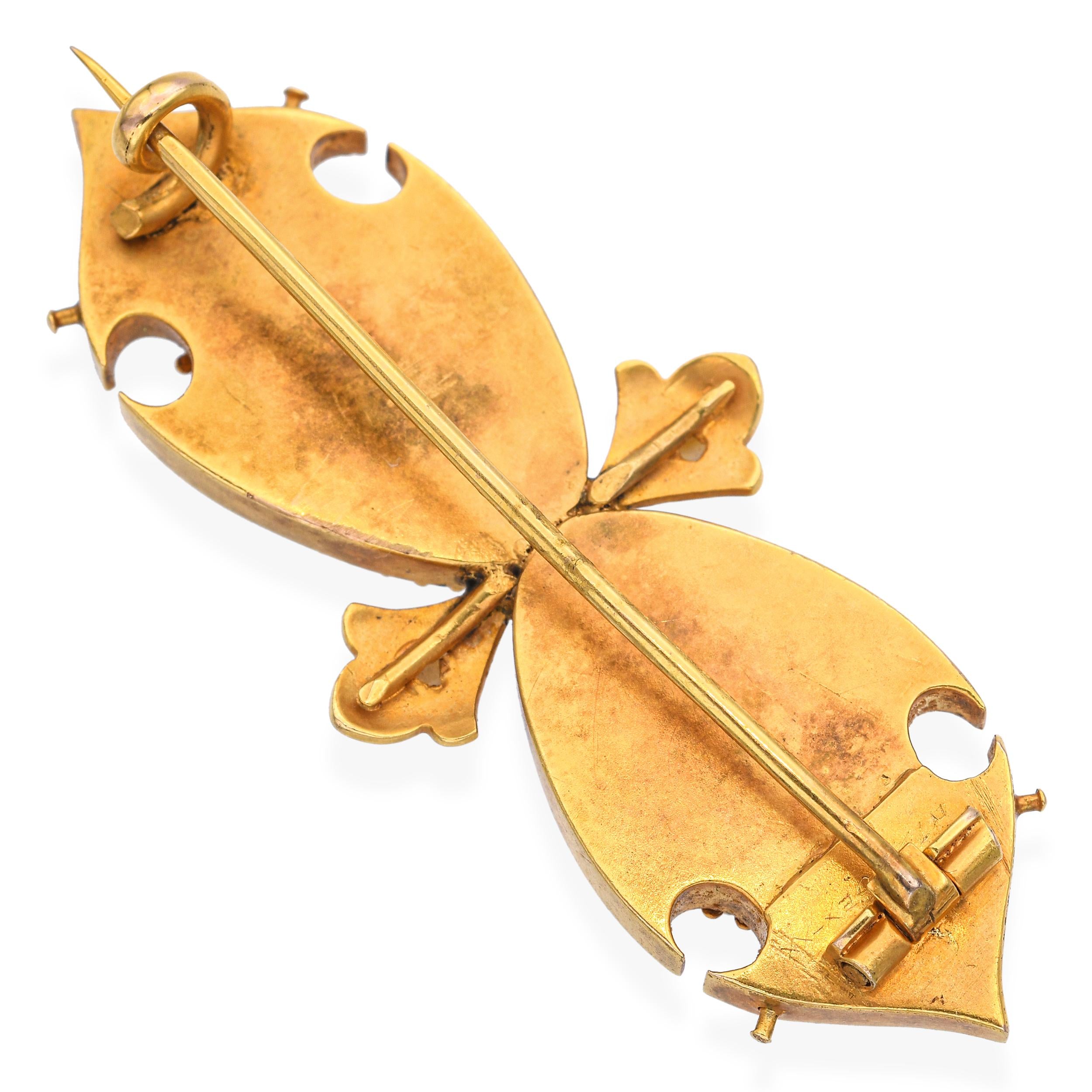 Antique Victorian 19k Yellow Gold Painted Crystal Overlay and Enamel Brooch