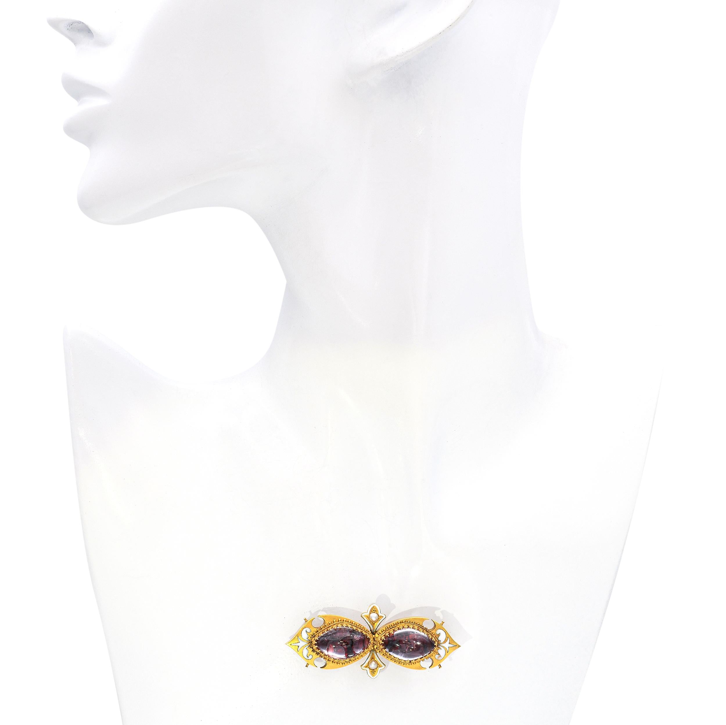 Antique Victorian 19k Yellow Gold Painted Crystal Overlay and Enamel Brooch