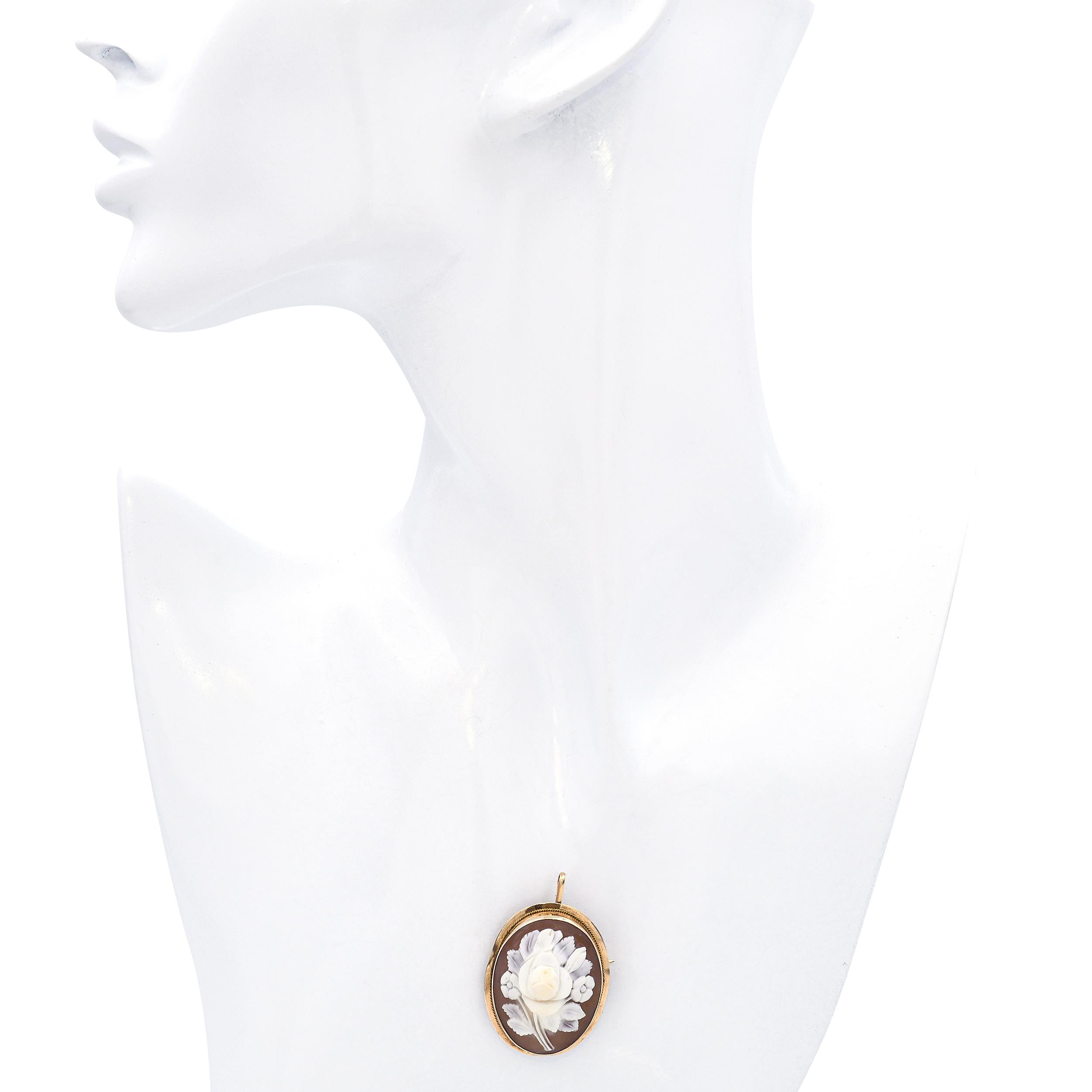 Vintage 10k Yellow Gold Floral Motif Shell Cameo Brooch