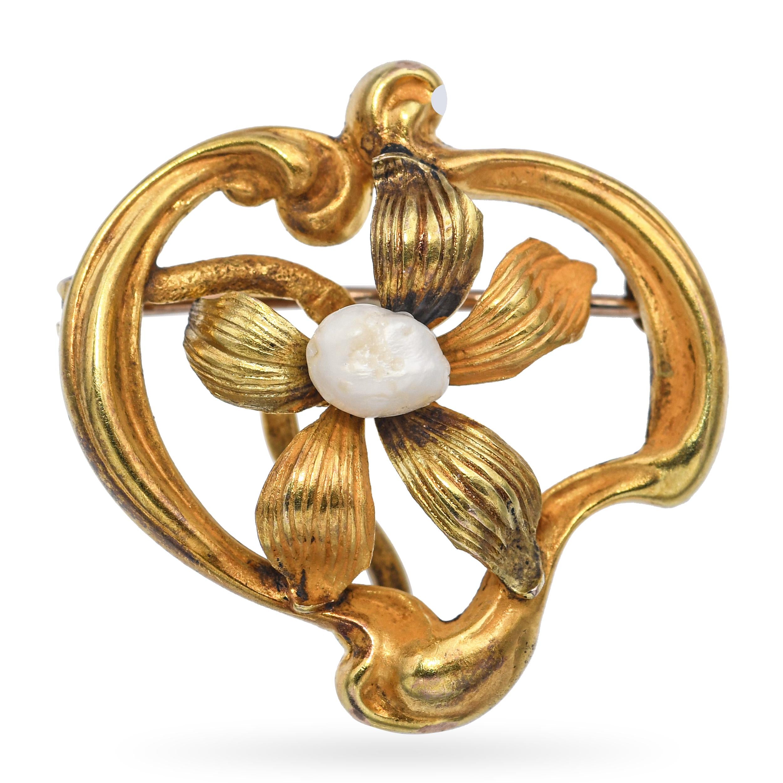 Antique 14k Yellow Gold and Seed Pearl Floral Brooch Pendant