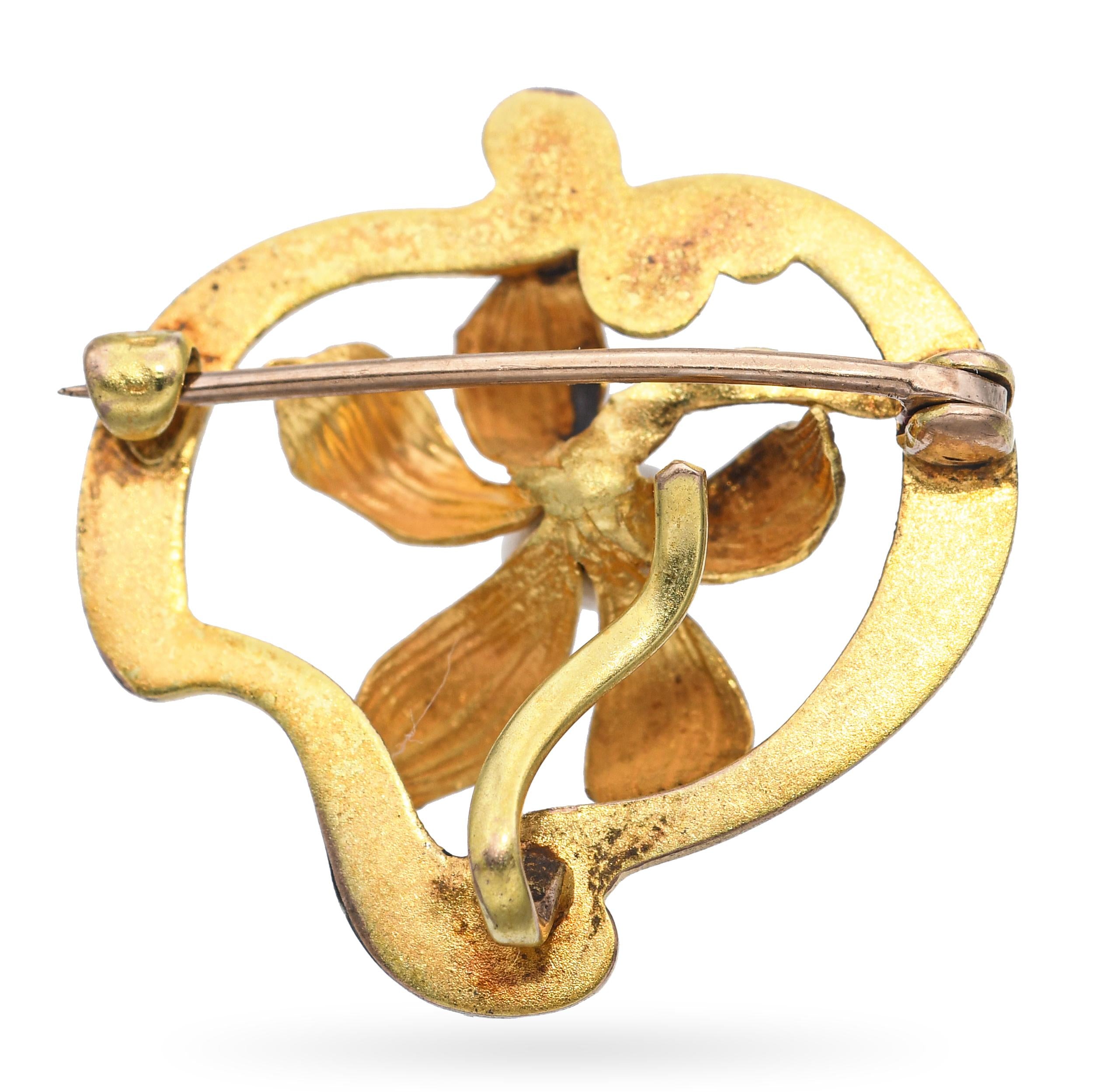 Antique 14k Yellow Gold and Seed Pearl Floral Brooch Pendant
