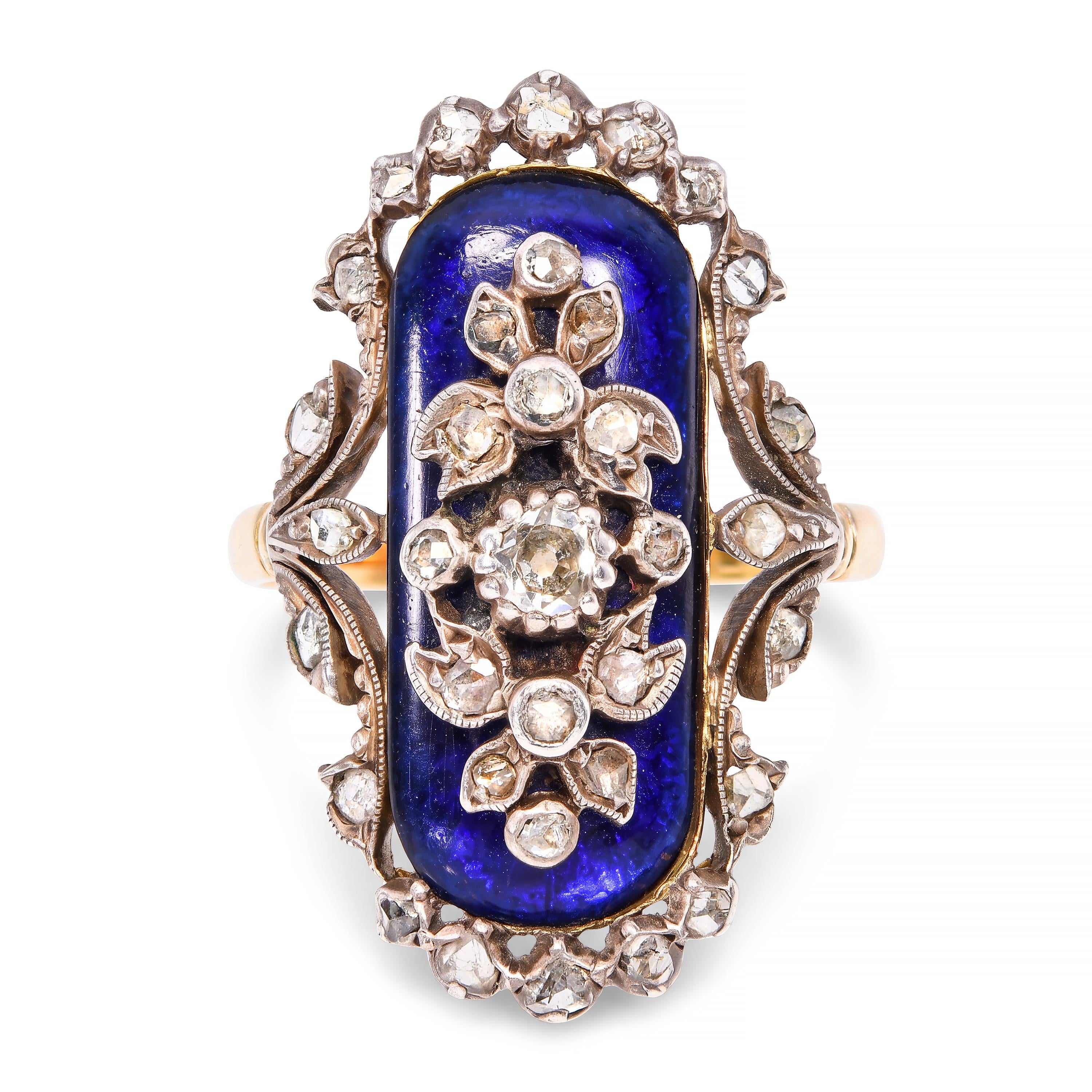 Antique Victorian Silver Topped 18k Yellow Gold Blue Enamel and Diamond Ring