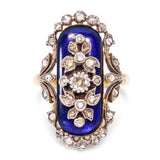 Antique Victorian Silver Topped 18k Yellow Gold Blue Enamel and Diamond Ring