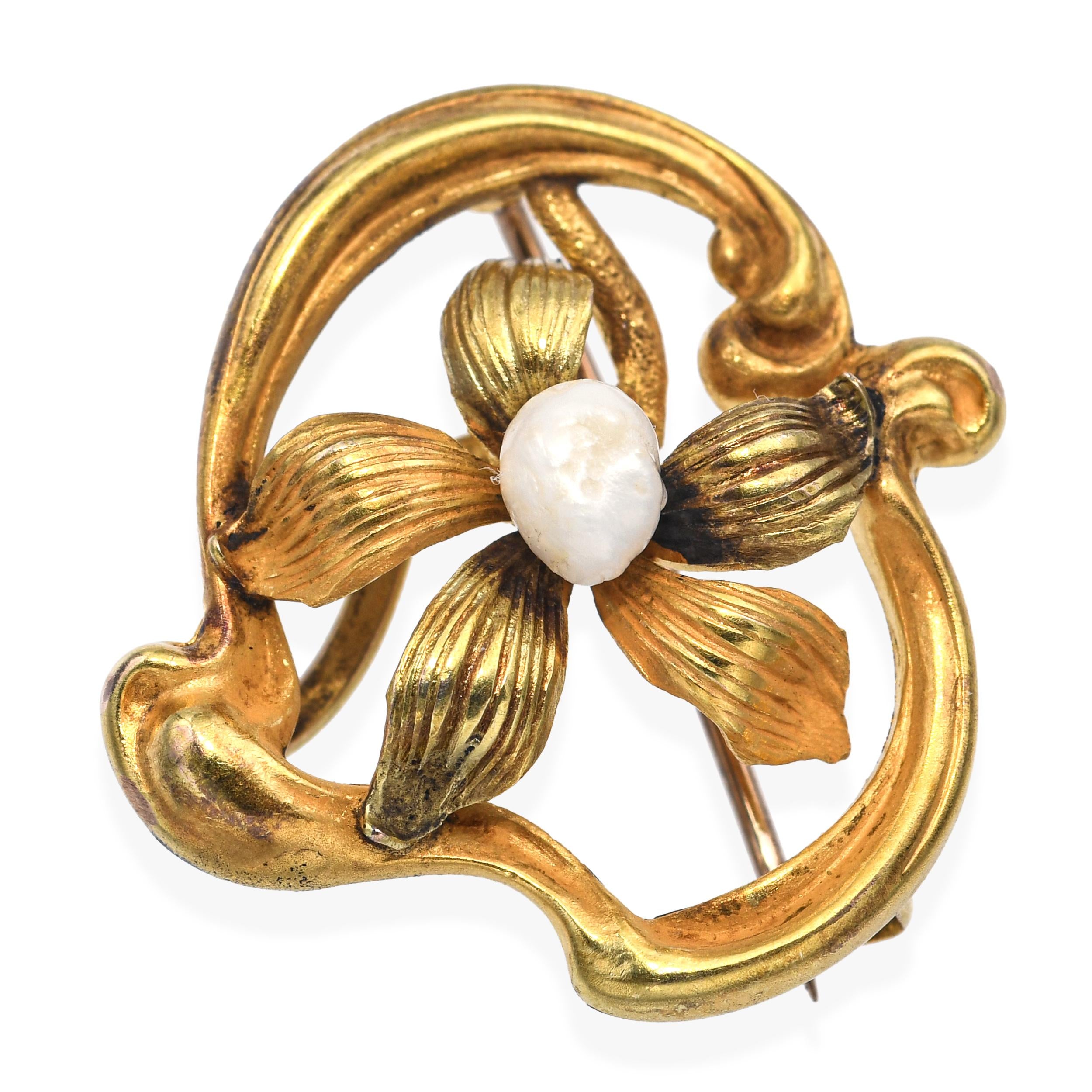 Antique 14k Yellow Gold and Seed Pearl Floral Brooch Pendant