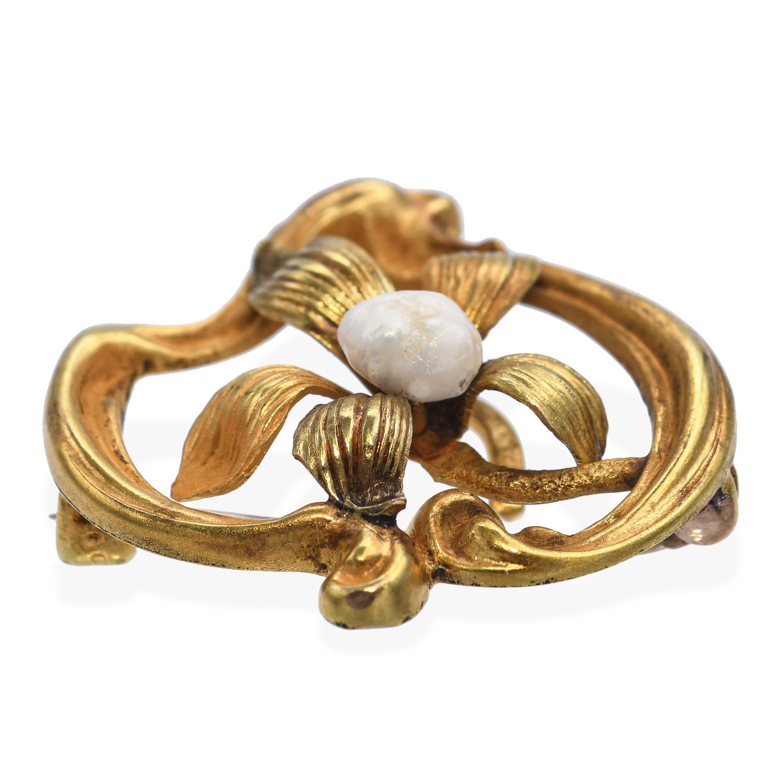 Antique 14k Yellow Gold and Seed Pearl Floral Brooch Pendant