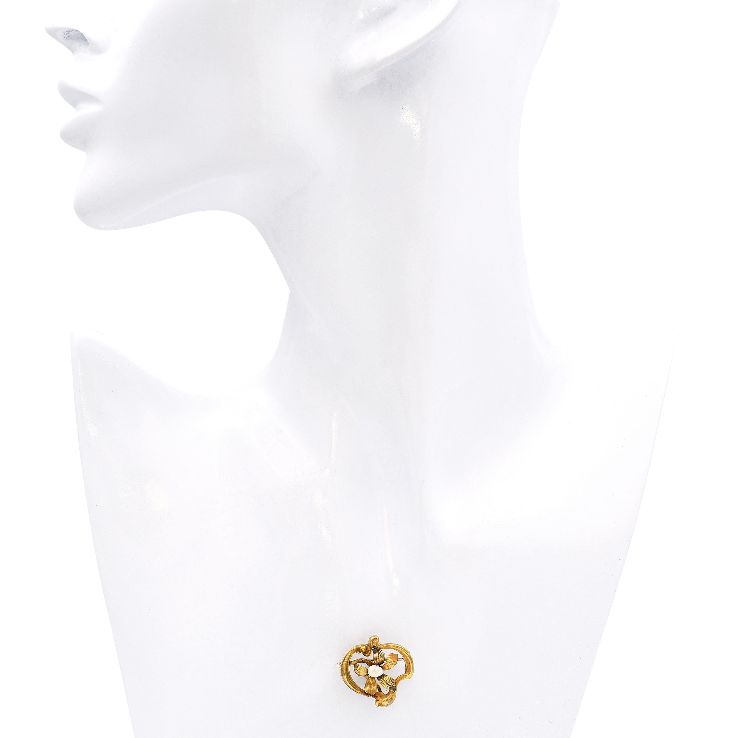 Antique 14k Yellow Gold and Seed Pearl Floral Brooch Pendant