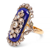 Antique Victorian Silver Topped 18k Yellow Gold Blue Enamel and Diamond Ring