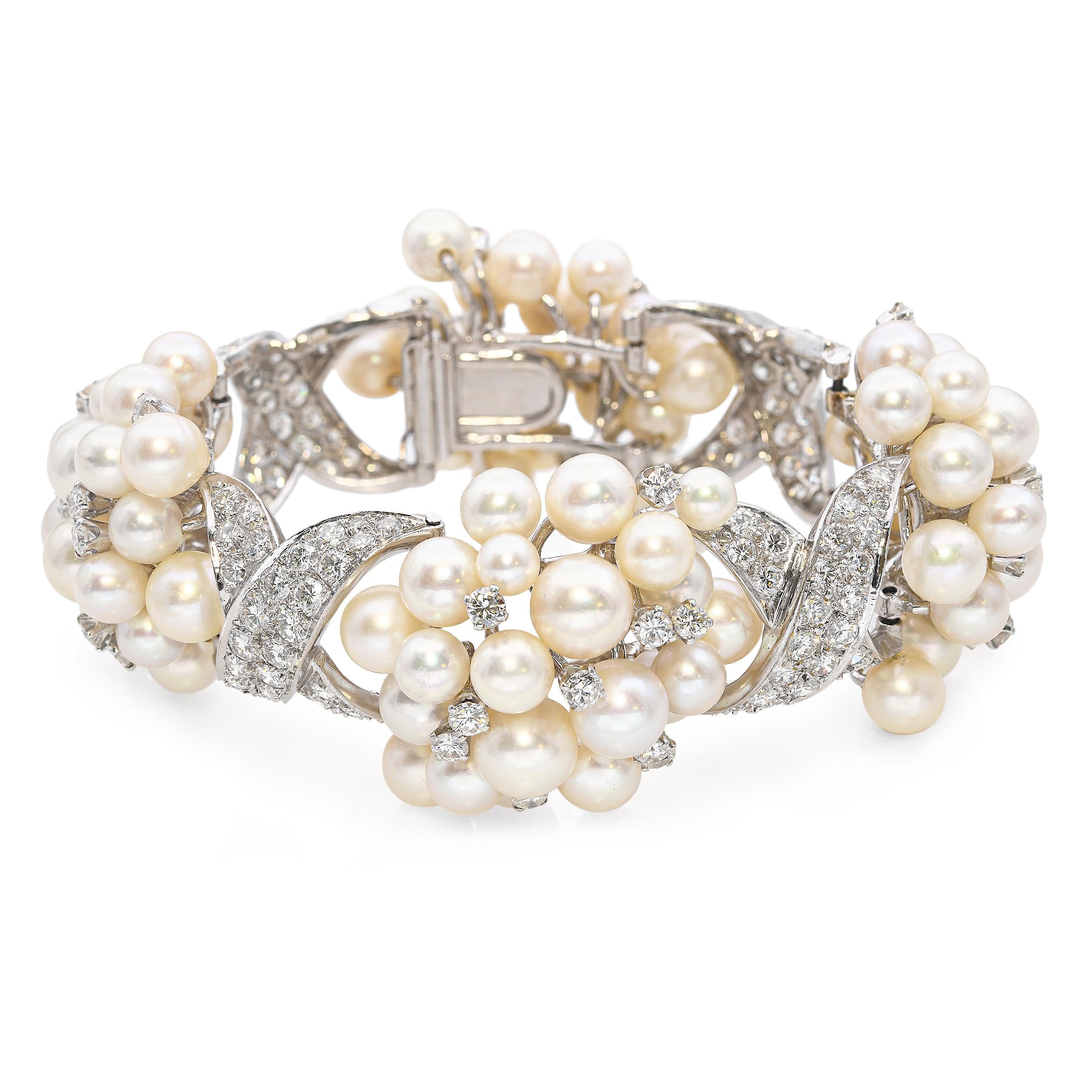 Vintage Platinum and White Gold Akoya Pearl and 12.5tcw Diamond Cluster Bracelet